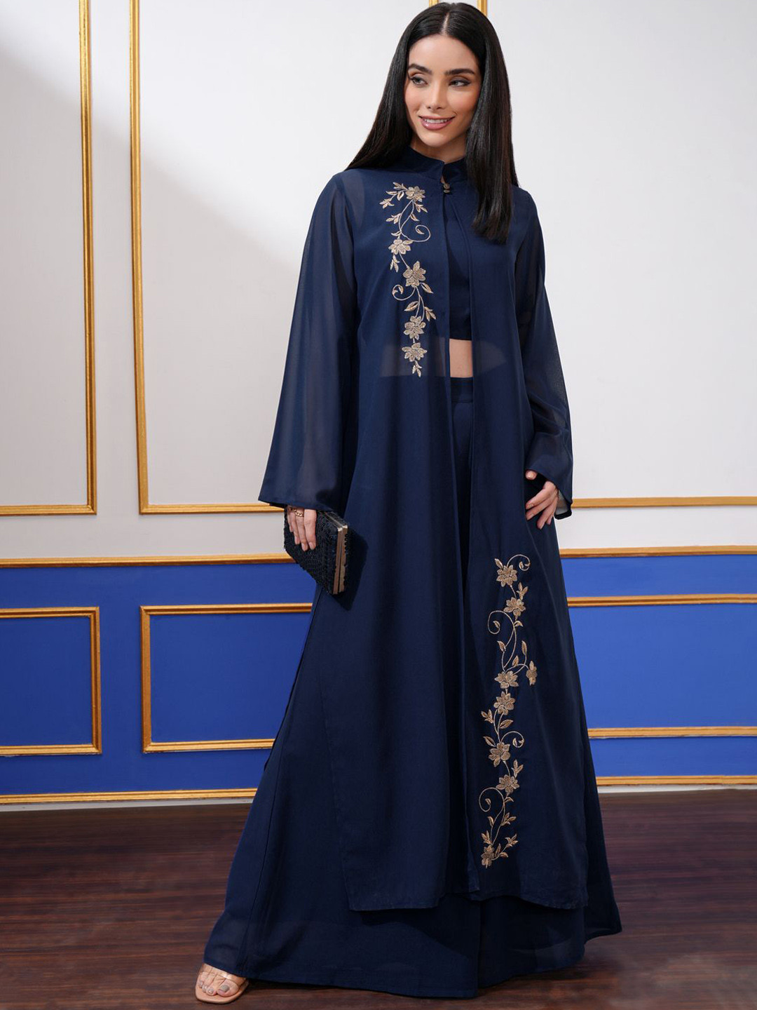 Vishudh Navy Blue Embroidered Thread Work Casual Top & Palazzos With Shrug