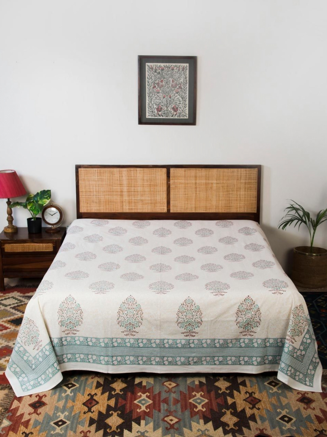 Fabindia Teal Green & White Block Printed Cotton Double Bed Cover