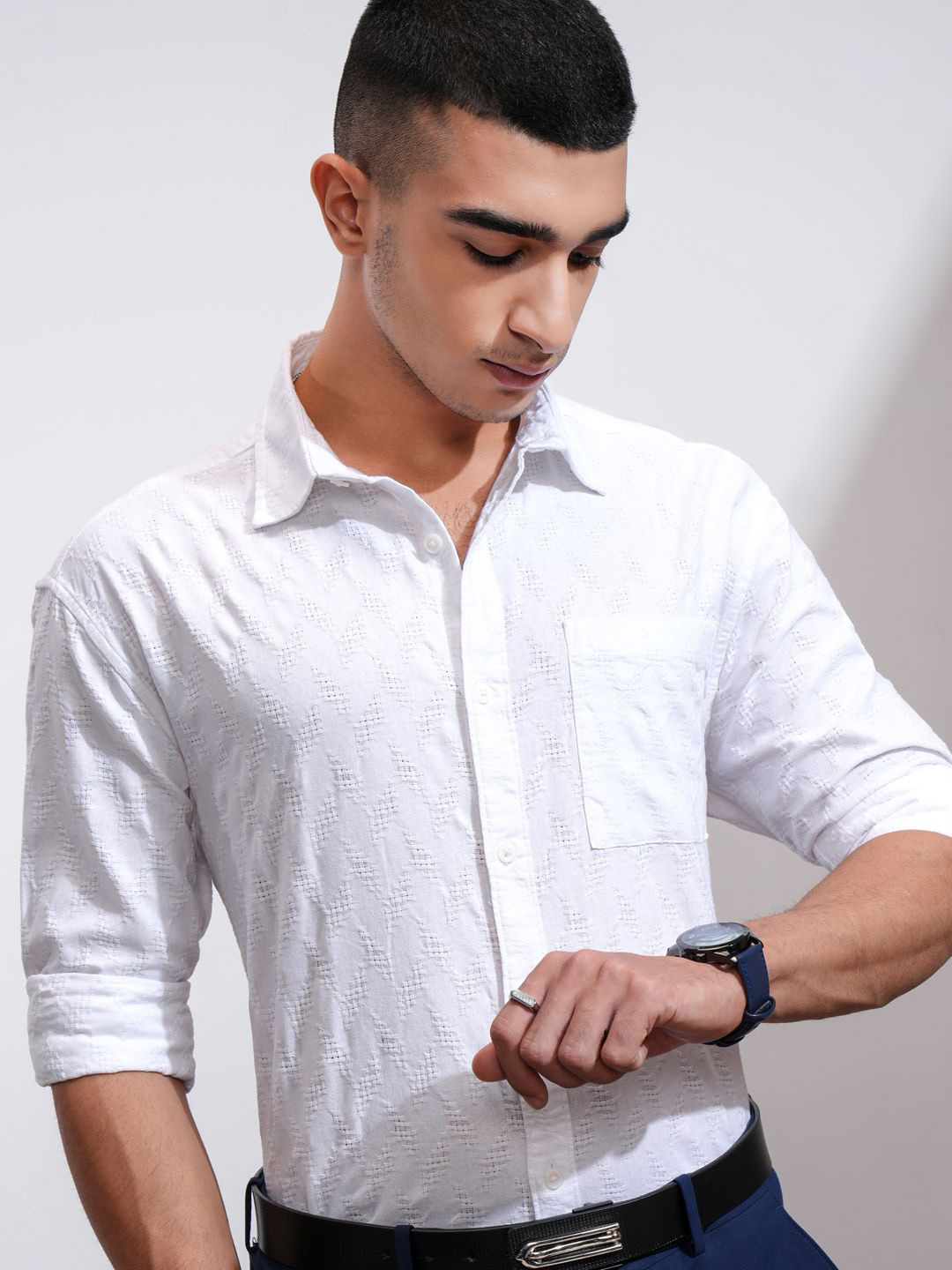Highlander Men Dobby Textured Solid Relaxed Regular Fit Shirt