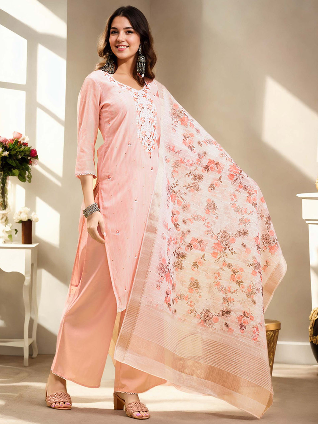 Anouk Pink Floral Embroidered Chanderi Silk Straight Kurta With Palazzos & Dupatta