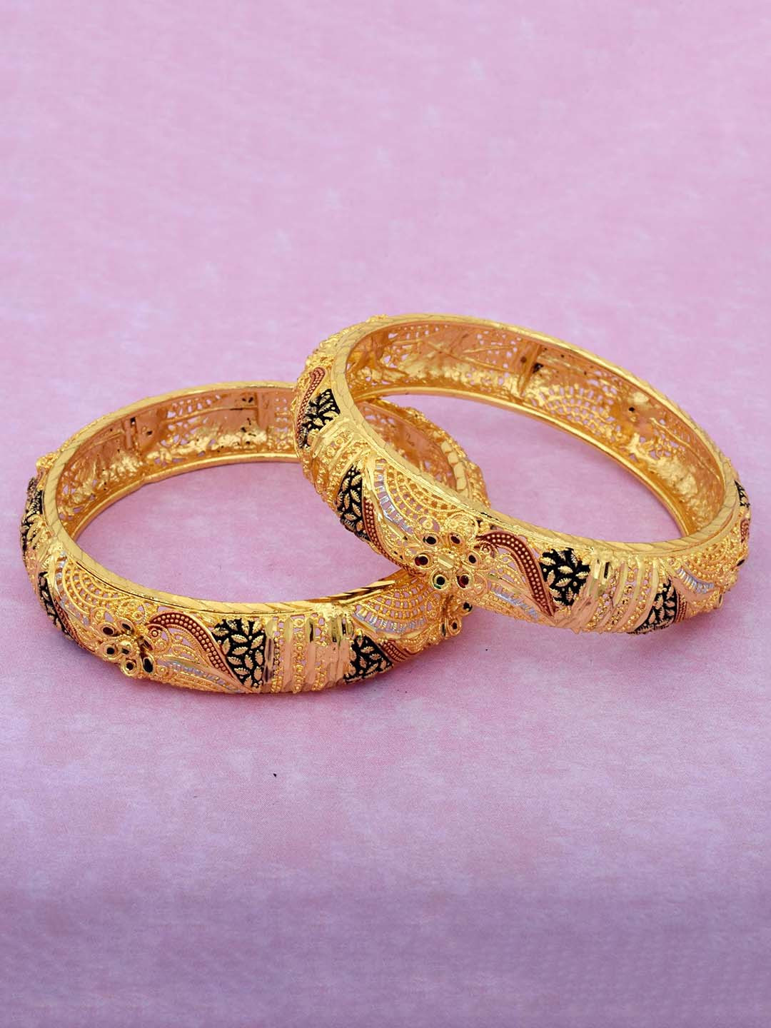 MEMOIR Set Of 2 Gold-Plated Stone Studded Bikaneri Meenakari Bangles