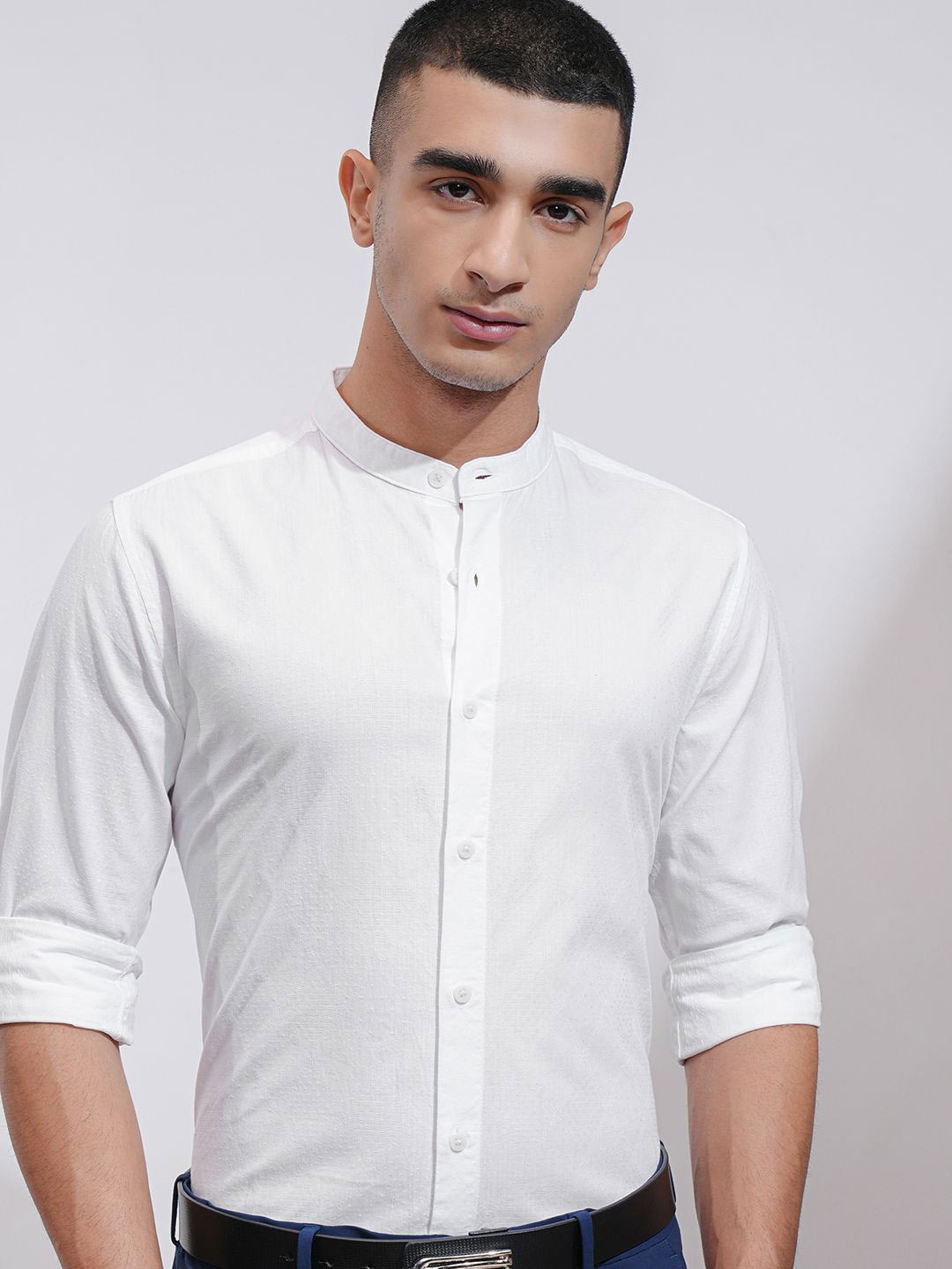 Highlander Men Jacquard Textured Solid Mandarin Collar Casula Regular Fit Shirt