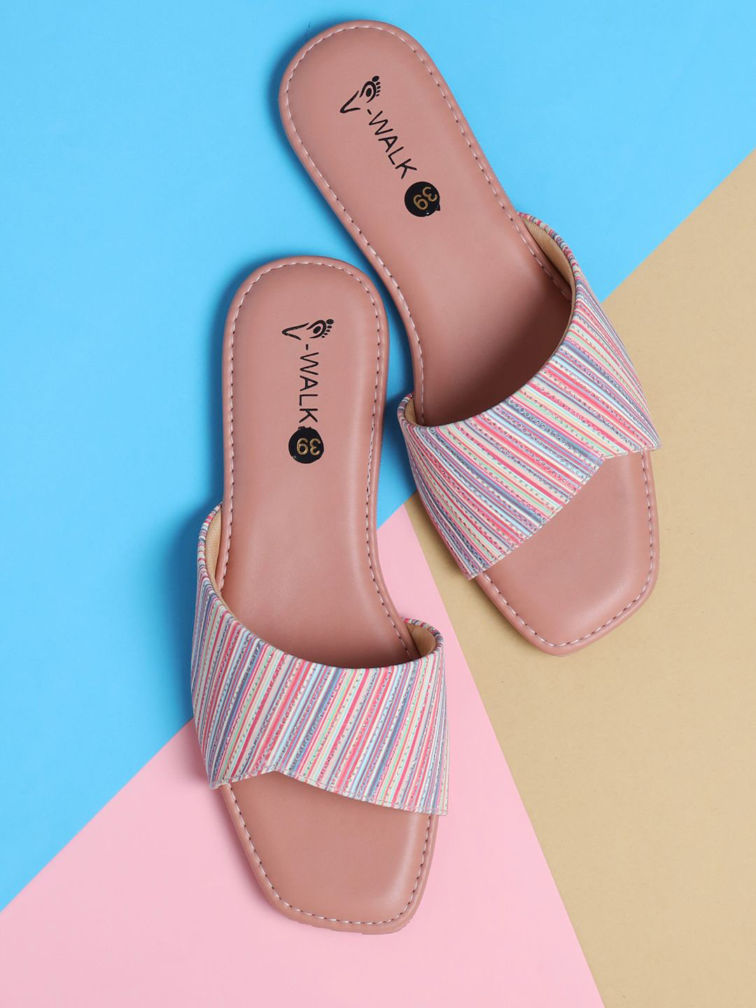 V-WALK Women Striped Slip-Ons Open Toe Flats