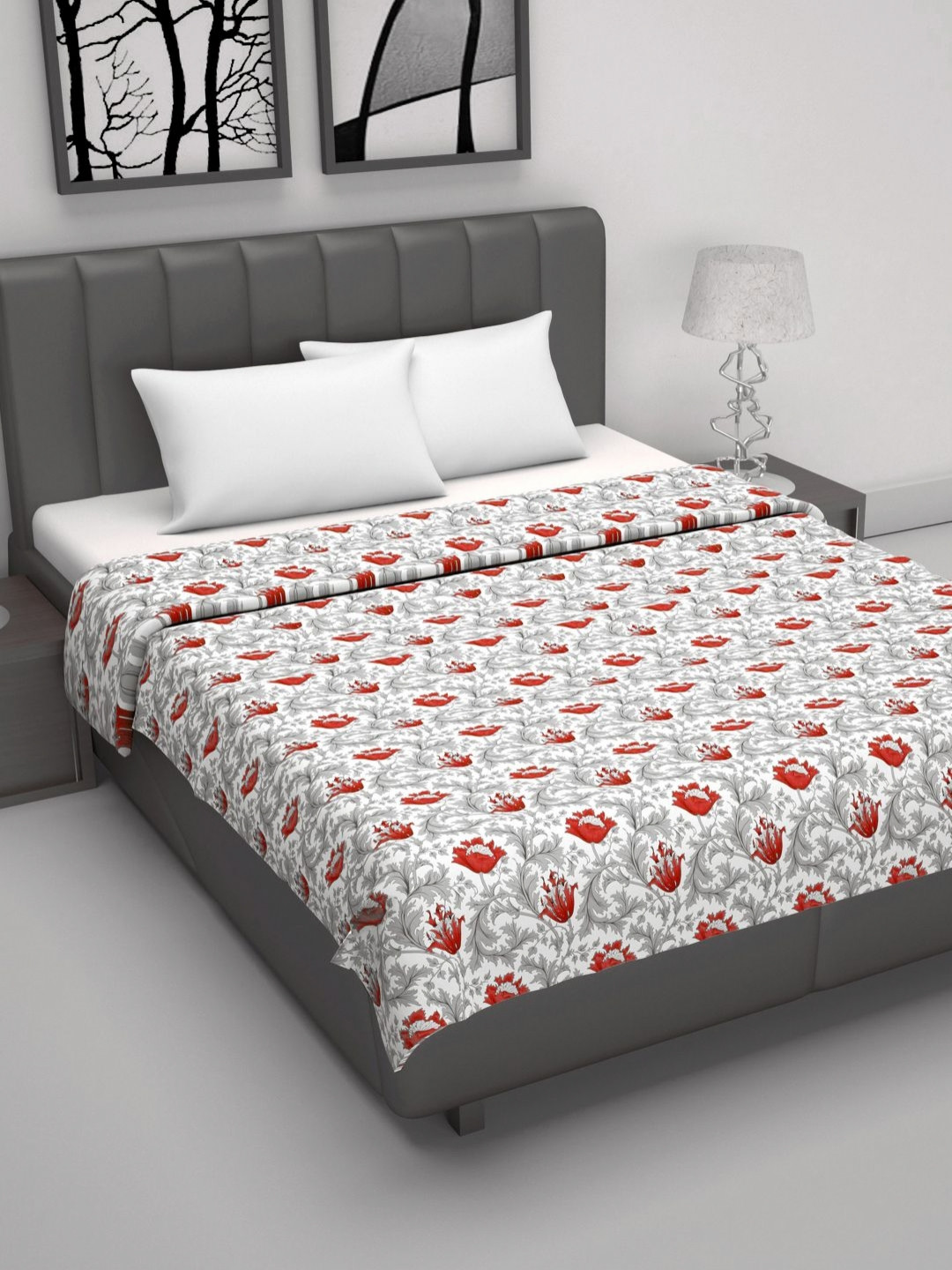 Divine Casa Emrald Red & White Floral Printed AC Room Cotton 120 GSM Double Bed Dohar