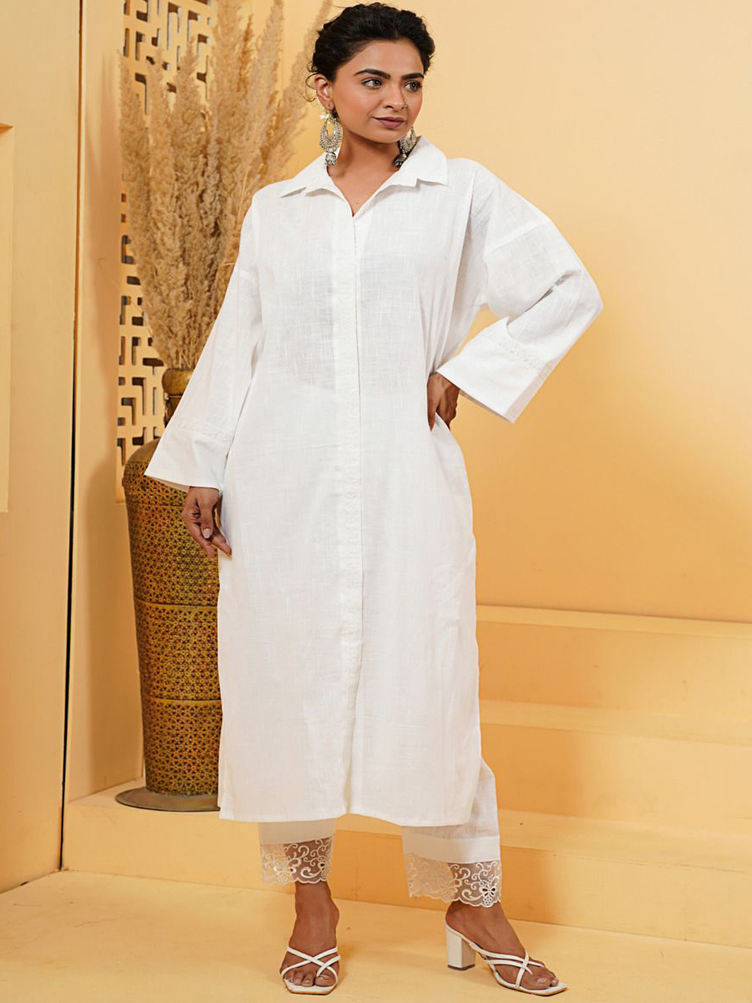 THE SAFFRON SAGA Cuban Collar Thread Work Pure Cotton Straight Kurta With Trousers