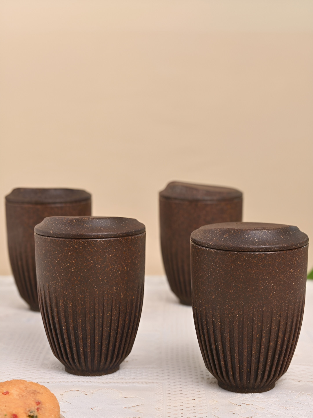 eha Brown Plastic Dishwasher Safe 4 Piece Cups with Lid-350ml