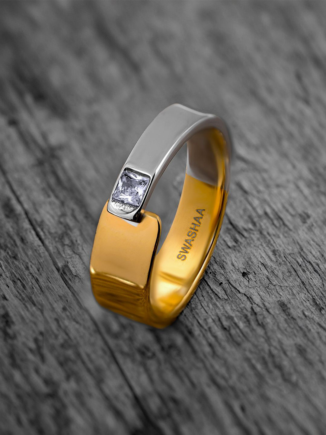 SWASHAA Caravan Stainless Steel Gold-Plated Cubic Zirconia Stone-Studded Finger Ring