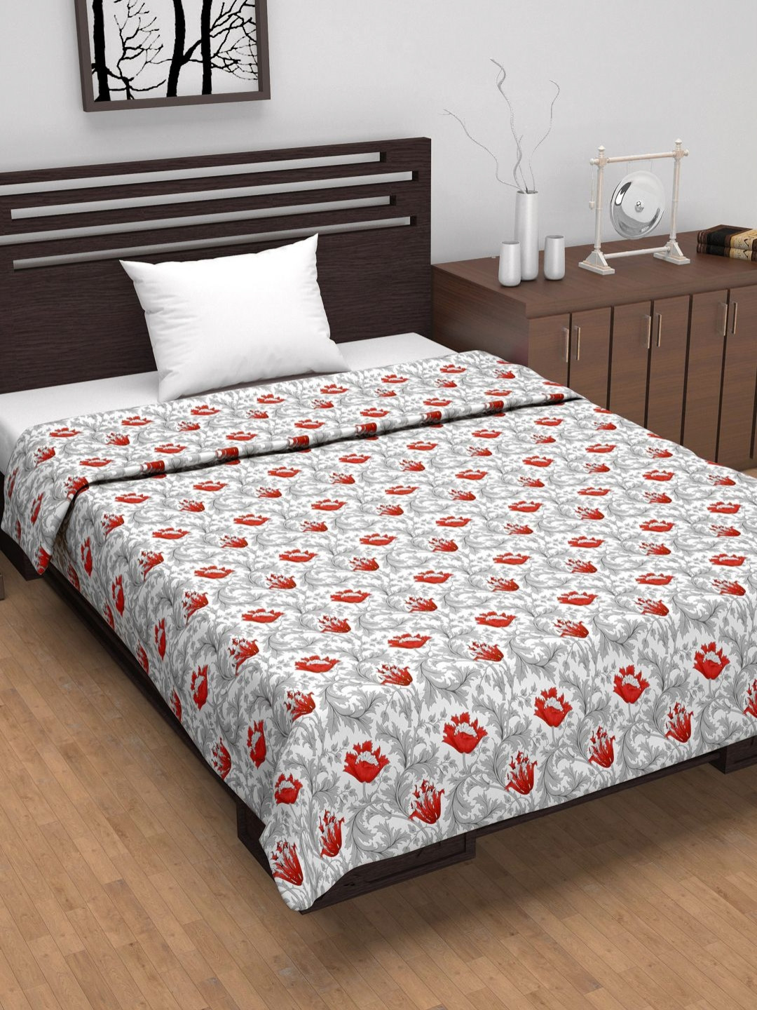 Divine Casa Emrald Red Floral Printed 120 GSM Cotton AC Room Reversible Single Bed Dohar