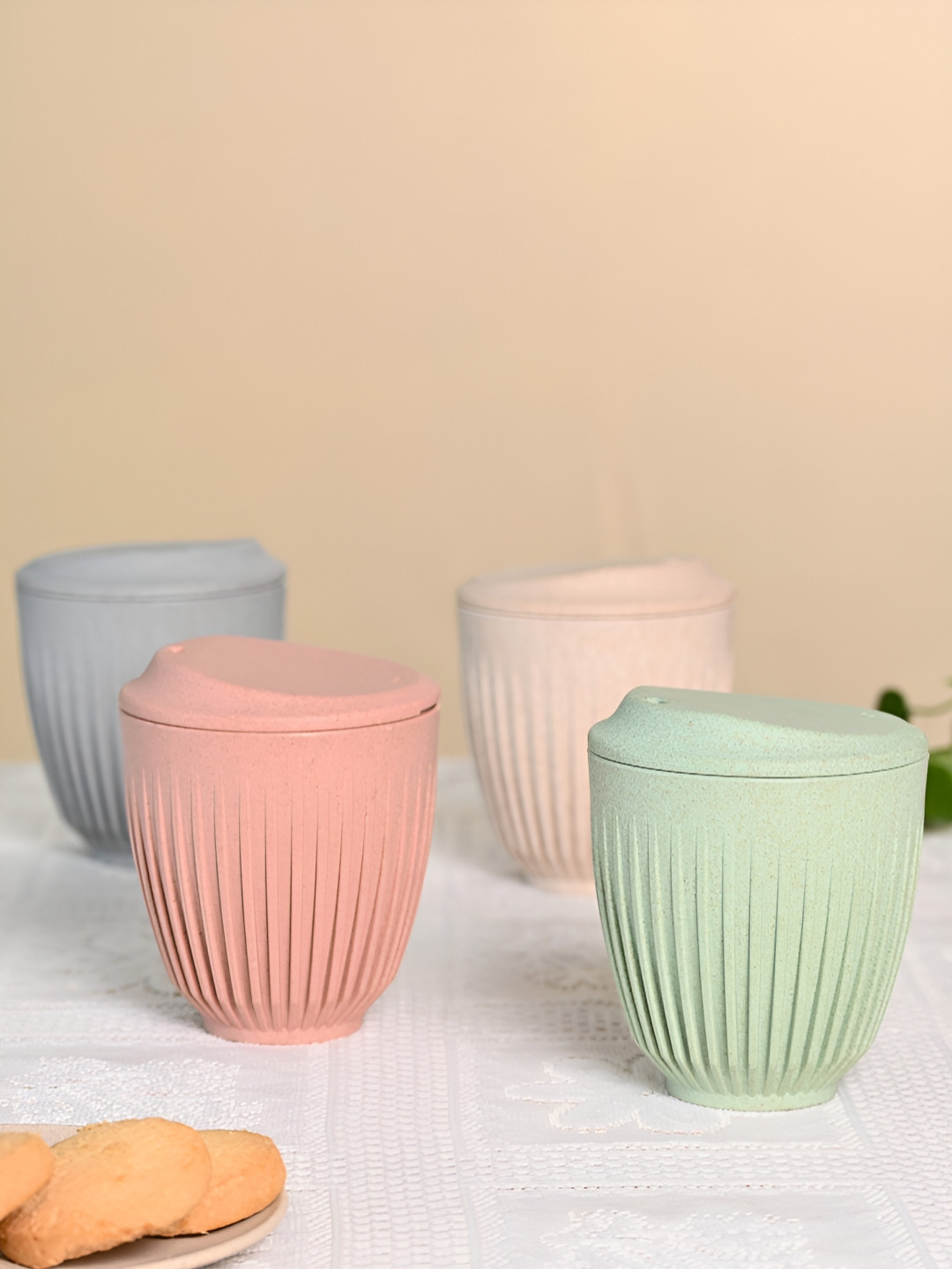 eha Blue Textured Biocomposite Handmade 4 Piece Cups with Lids-250ml