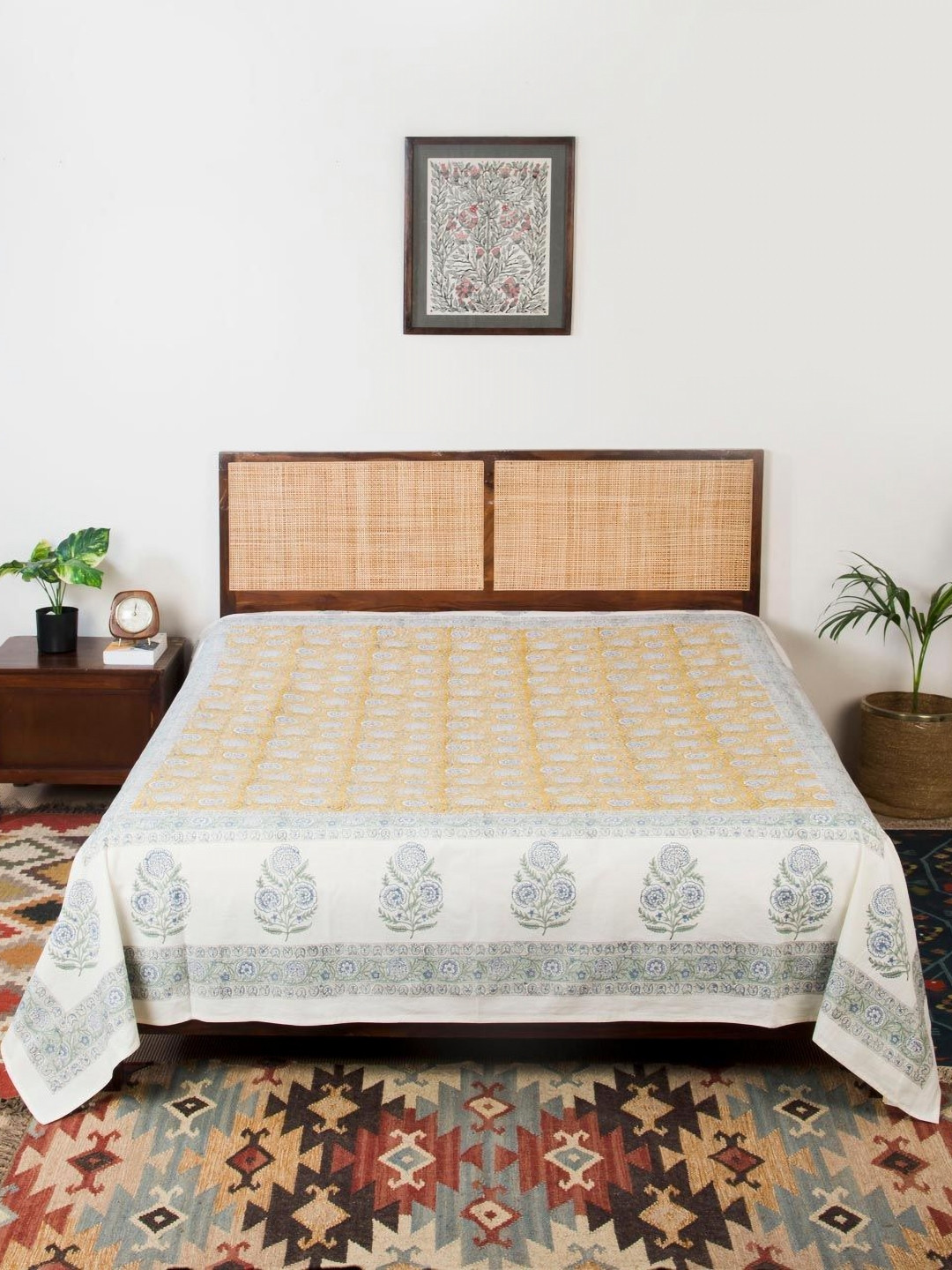Fabindia White & Yellow Printed Cotton Double Bed Covers