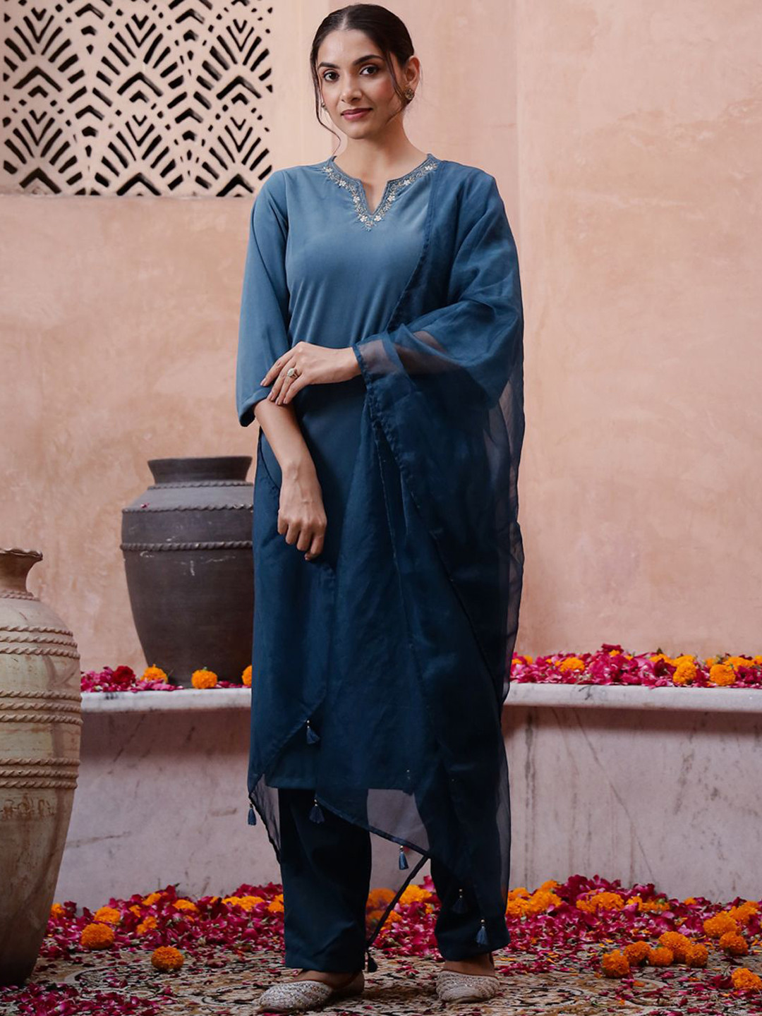 RangDeep Notch Neck Beads and Stones Velvet Straight Kurta with Trousers & Dupatta