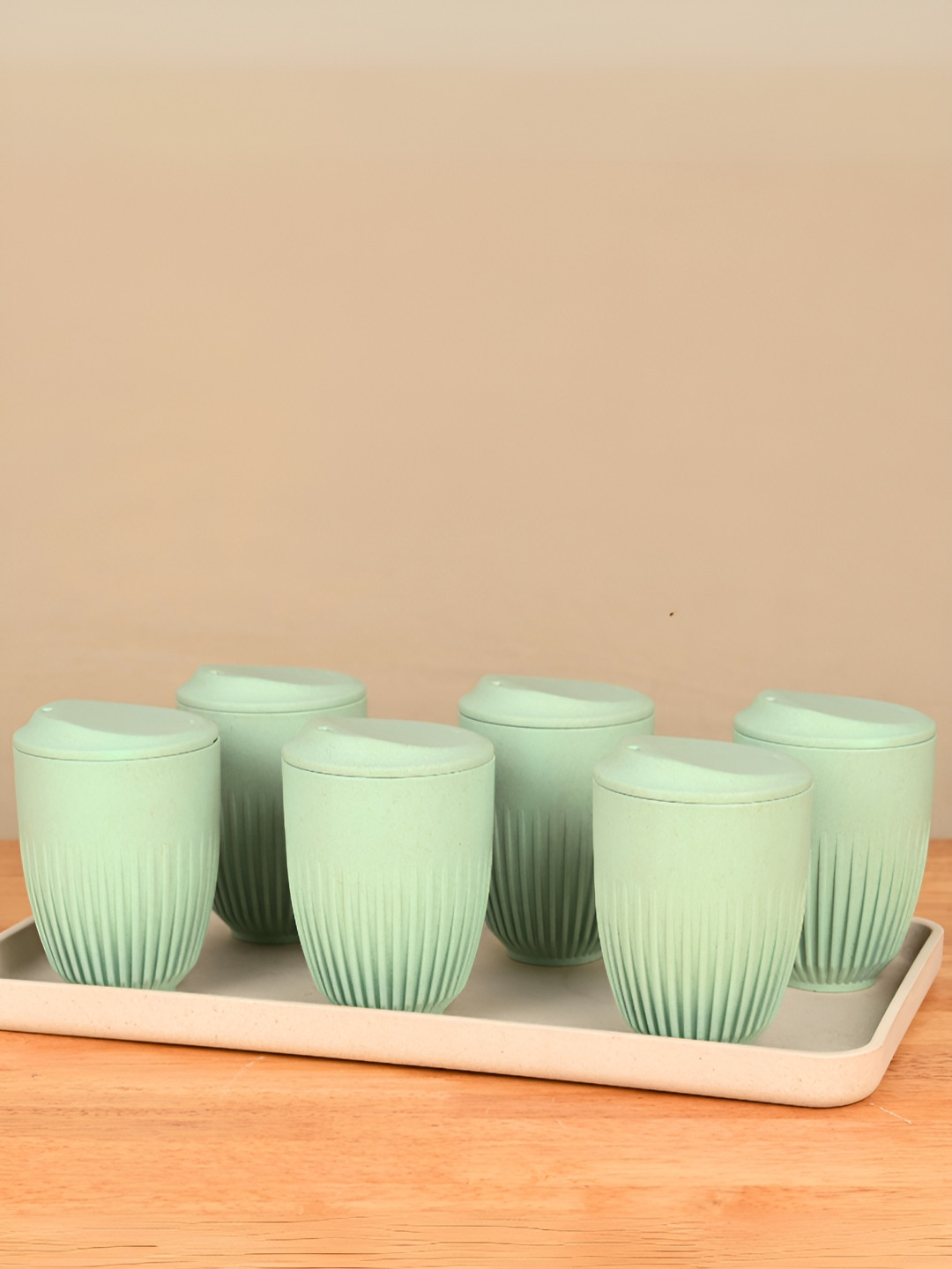 eha Green Textured Biocomposite Microwave Safe 6 Piece Cups with Lid-350ml