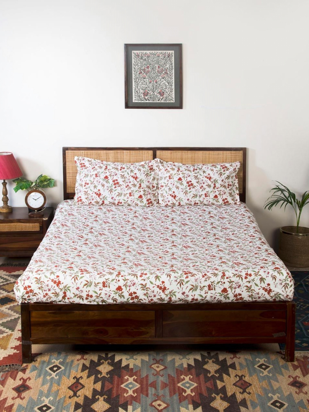 Fabindia White Floral Cotton 140 TC Double Bedsheet with a Pillow Cover-59 x 98 inches