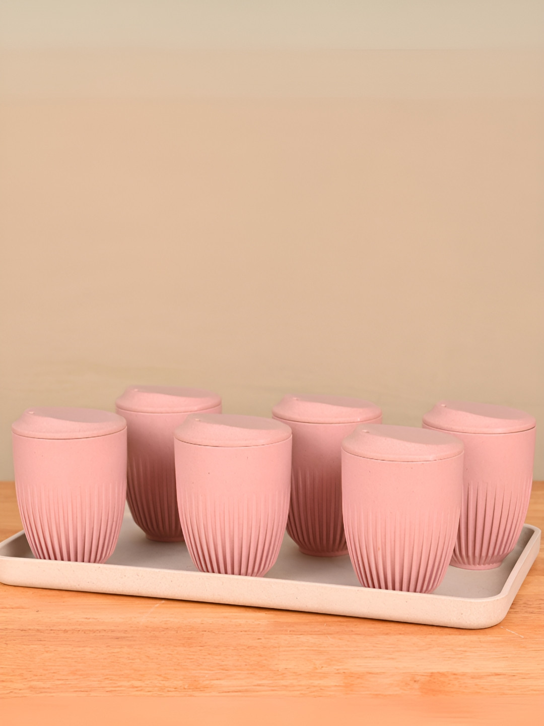 eha Lotus Bageecha Pink Textured Biocomposite Microwave Safe 6 Piece Cups with Lid-350ml