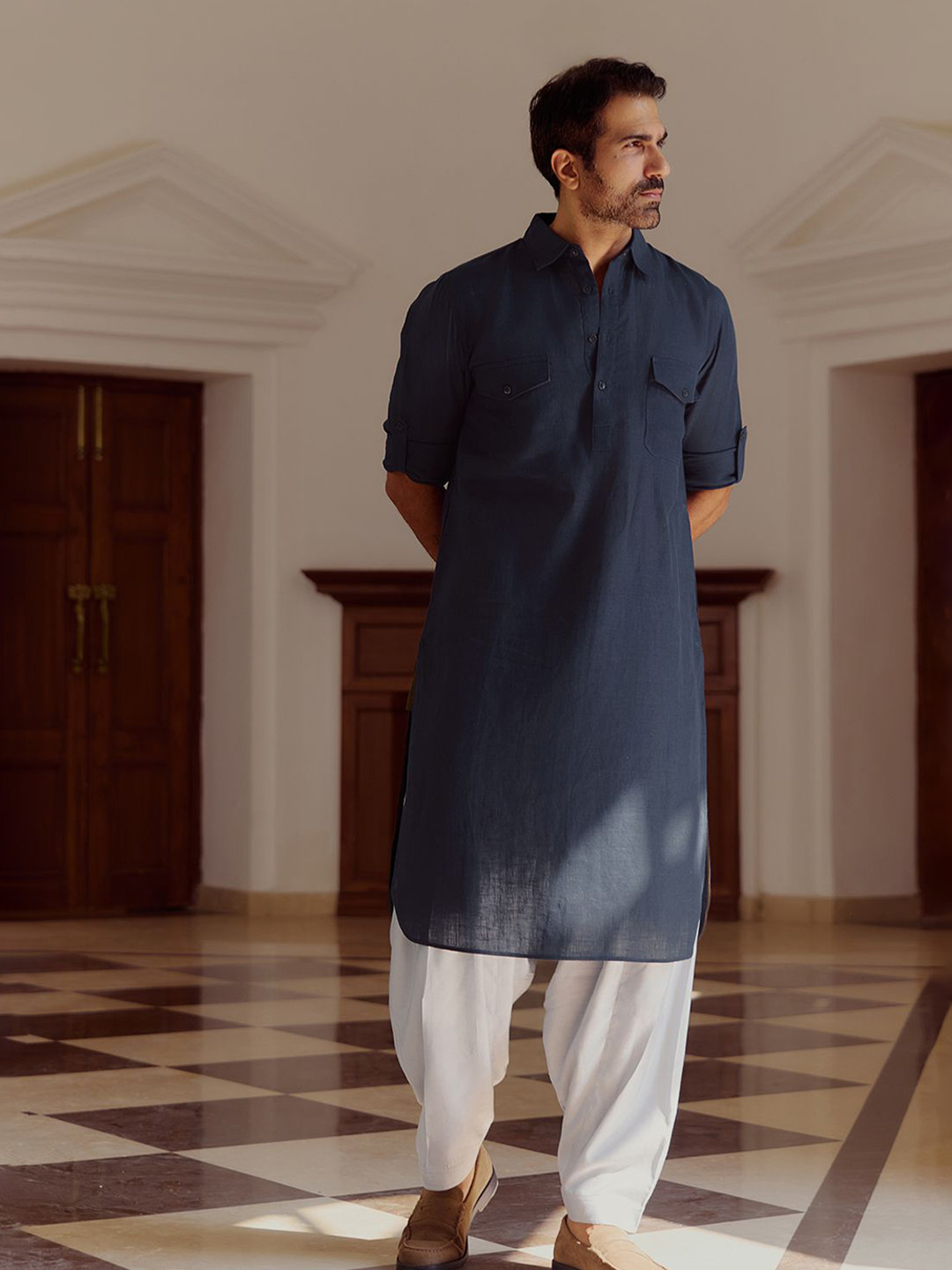 Andamen Shirt Collar Linen Straight Kurta