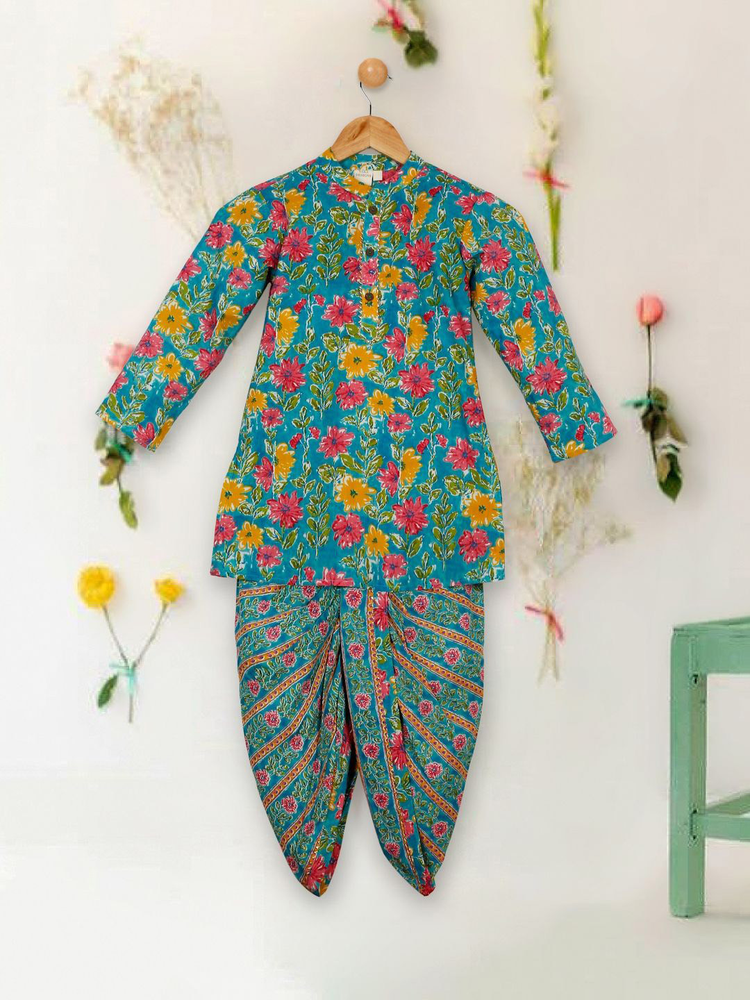 SAKA DESIGNS Boys Floral Printed Pure Cotton Kurta with Dhoti Pant