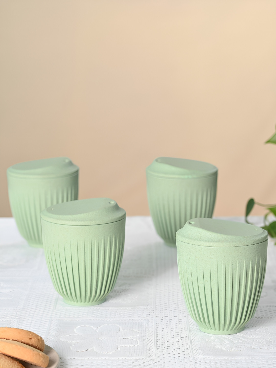 eha Green Biocomposite Handmade 4 Piece Cups with Lids-250ml