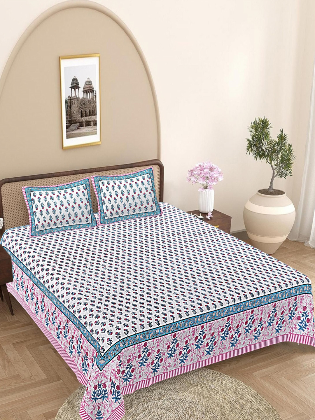 FrionKandy Living Purple Floral Cotton 180 TC King Fine Bedsheet with 2 Pillow Covers-108 x 106 inches
