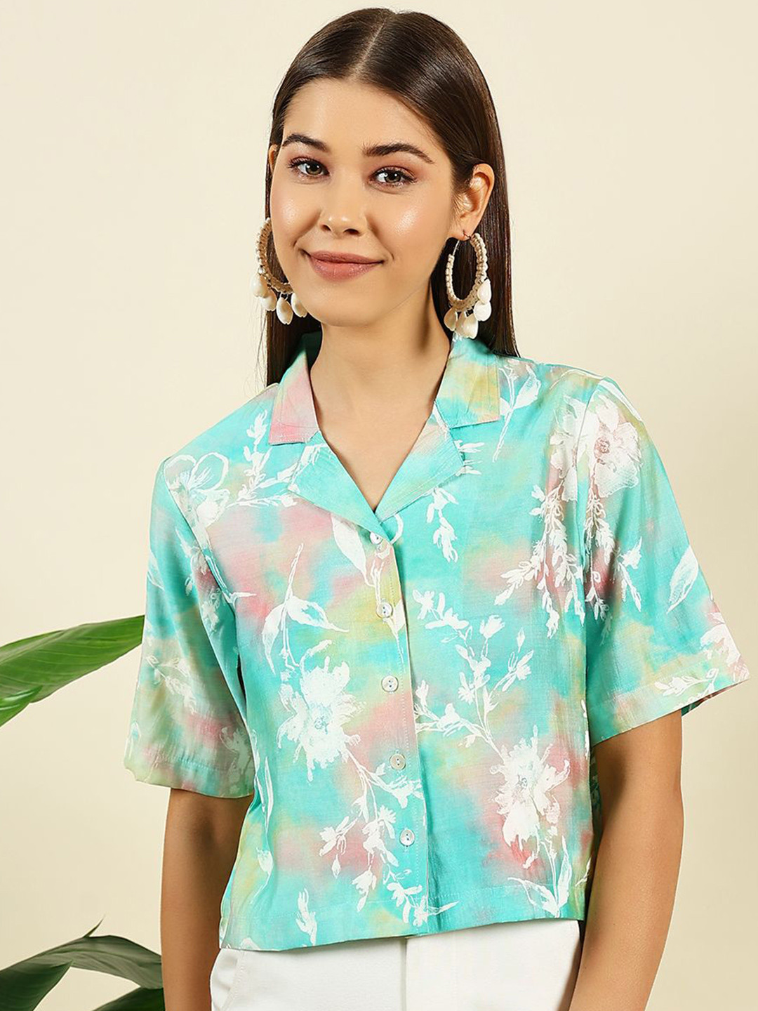 Anouk Rustic Women Floral Printed Lapel Collar Shirt Style Crop Top