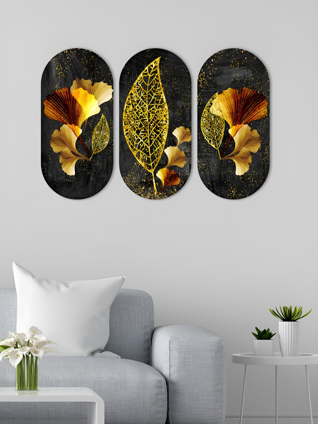 ArtVibes Leaf Wood Floral Glossy Hanging Hall 3Pcs Wall Hangings-11.5In