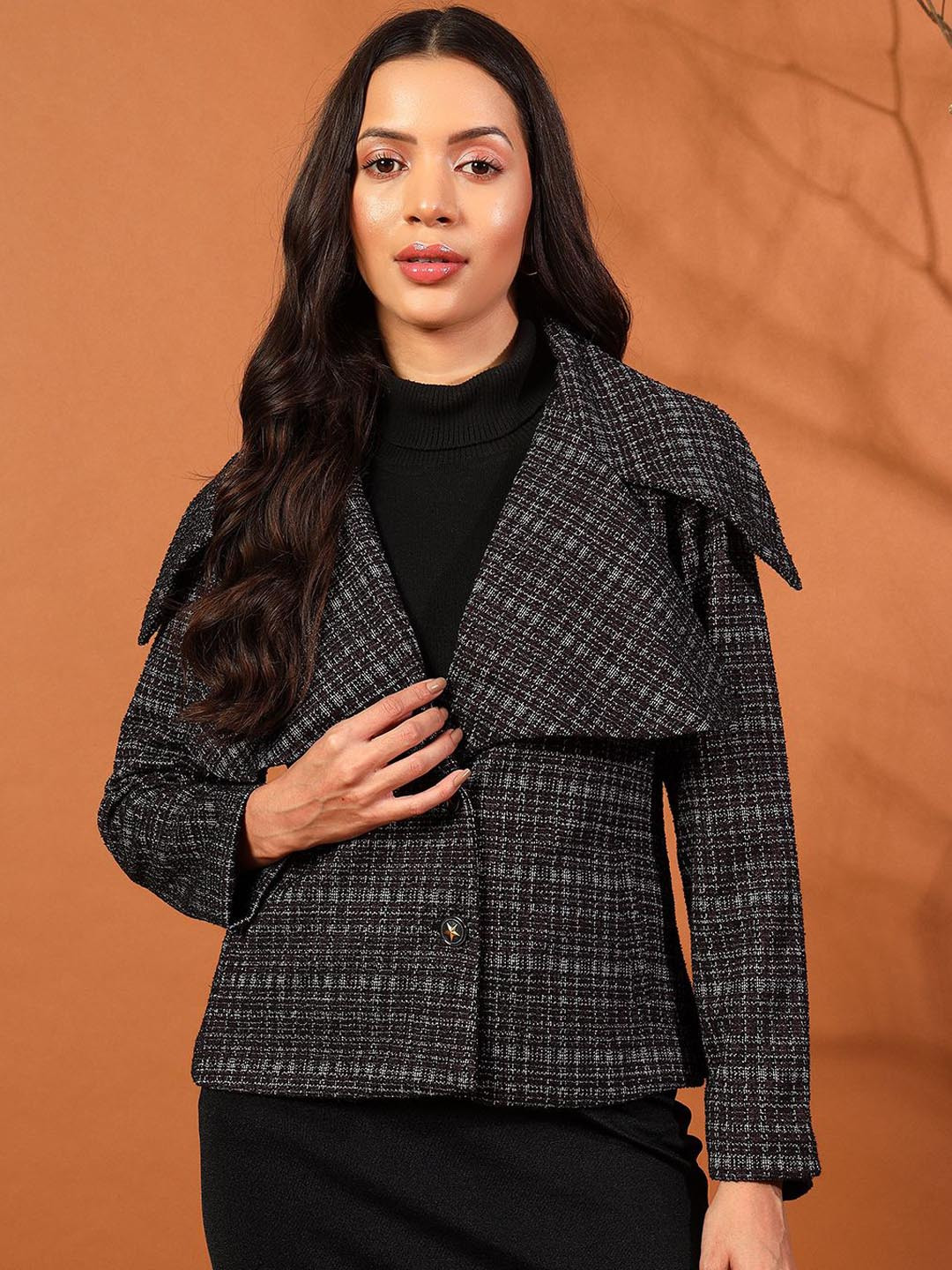 WoowZerz Women Self- Design Oversized Collar Short Coat