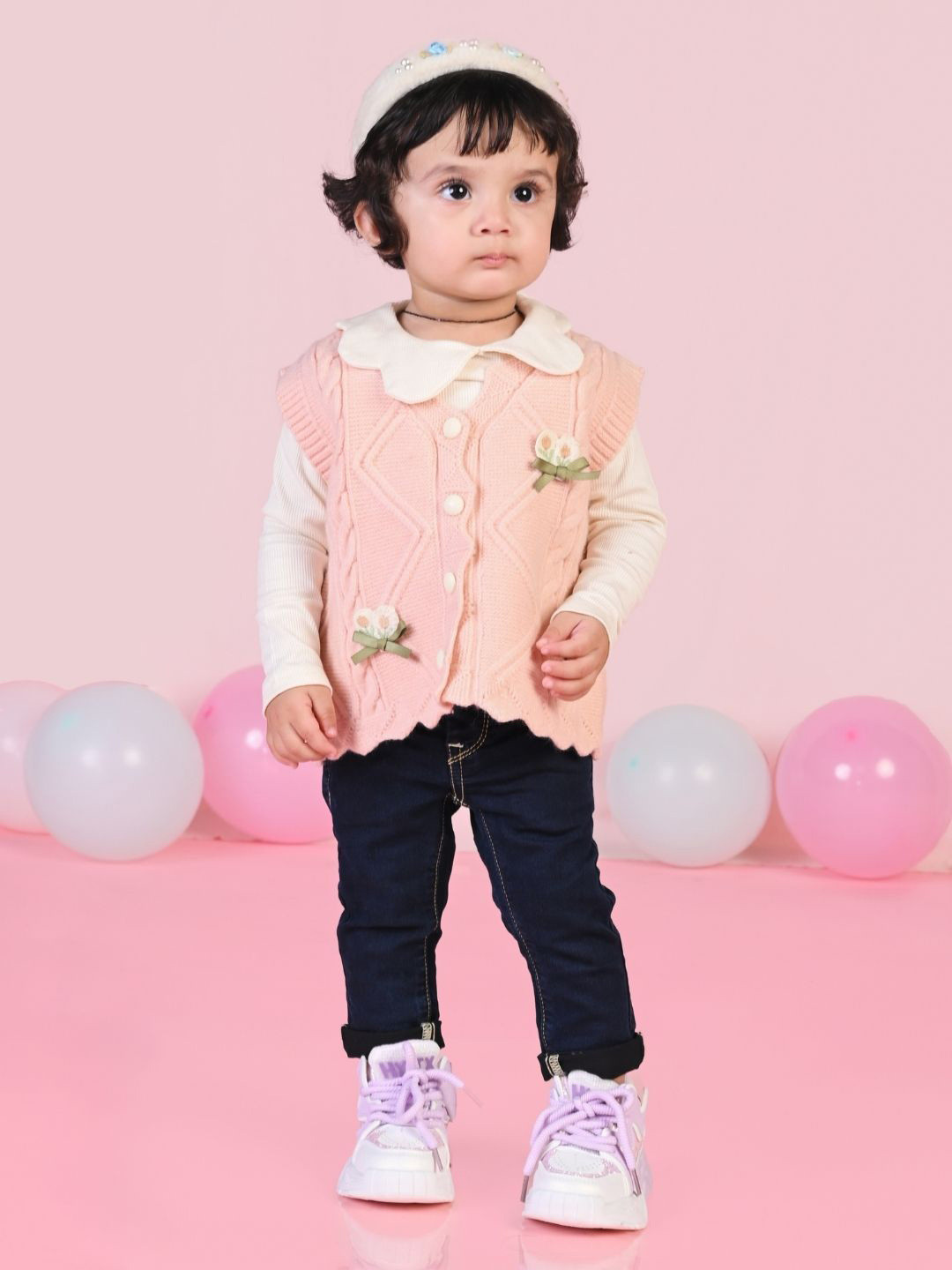 MAMA AND PEACHES Kids Cotton Cable Knit Round Neck Cardigan Sweaters