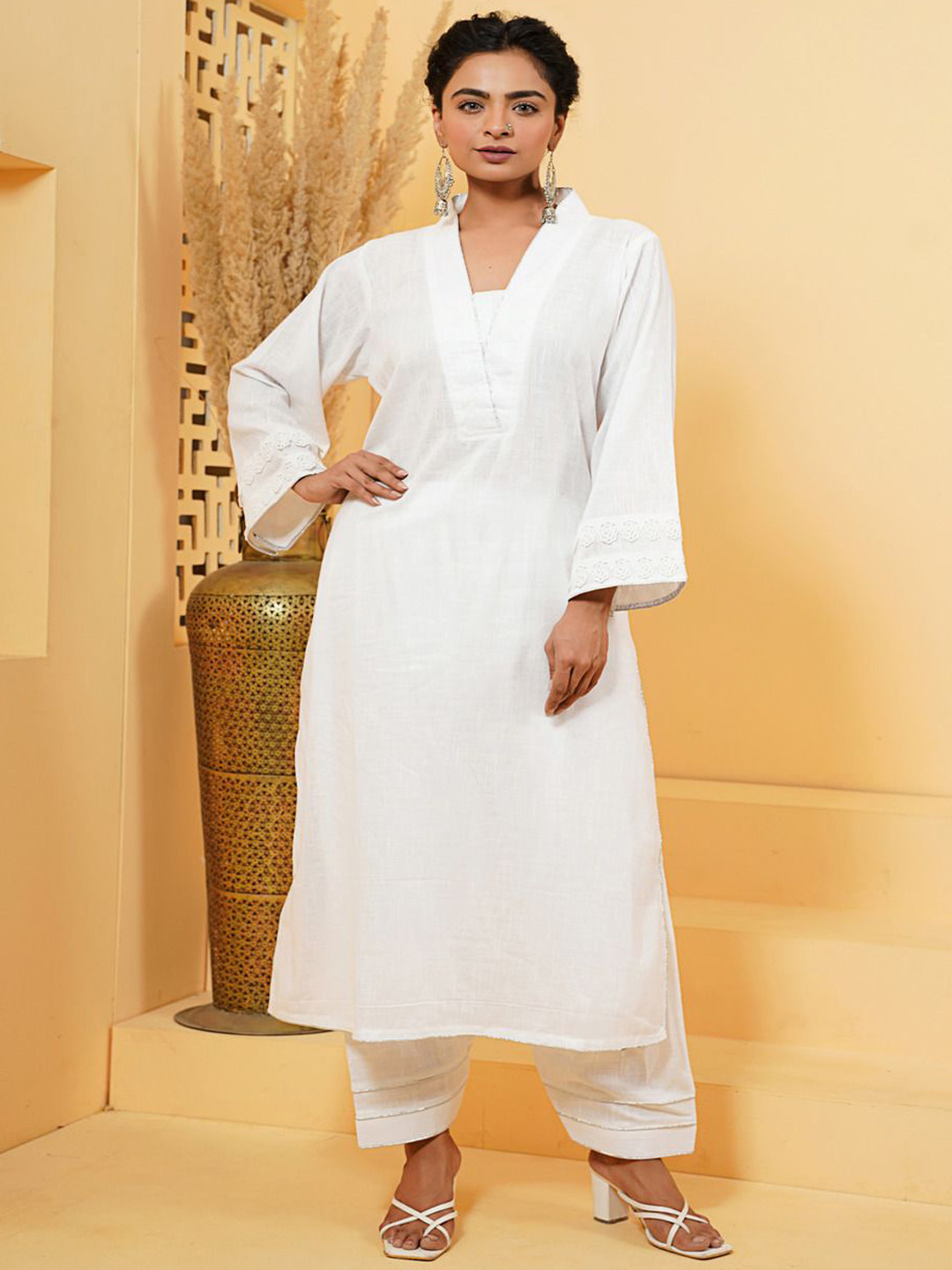 THE SAFFRON SAGA V-Neck Straight Flared Sleeves Pure Cotton Kurta With Palazzos