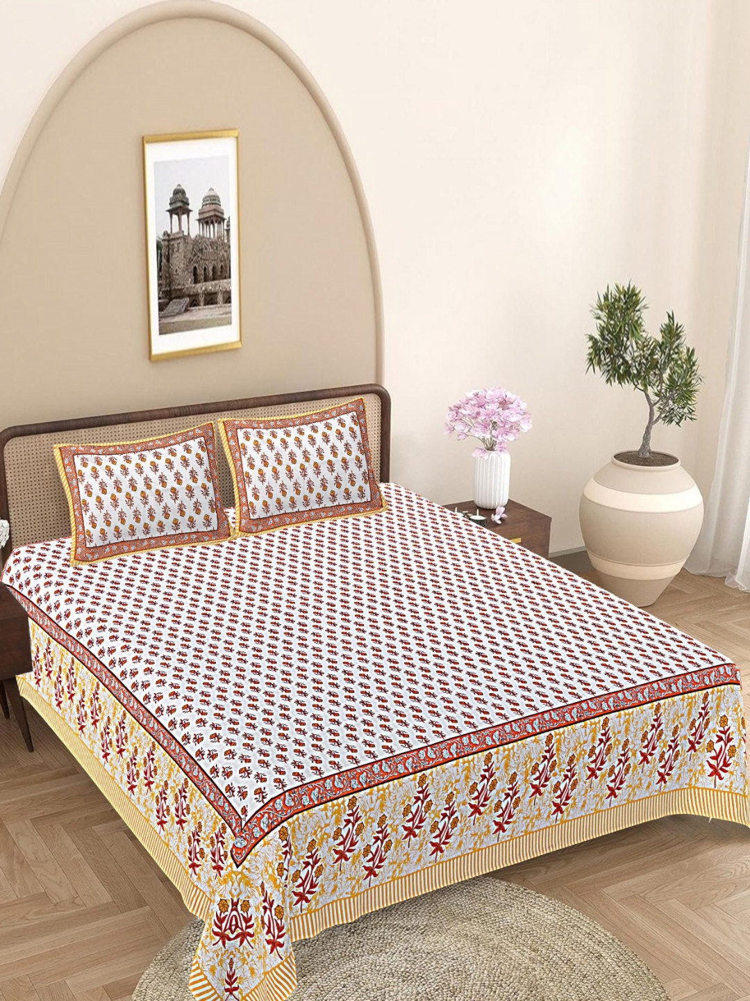 FrionKandy Living Yellow Floral Cotton 180 TC Super King Fine Bedsheet with 2 Pillow Covers-108 x 106 inches