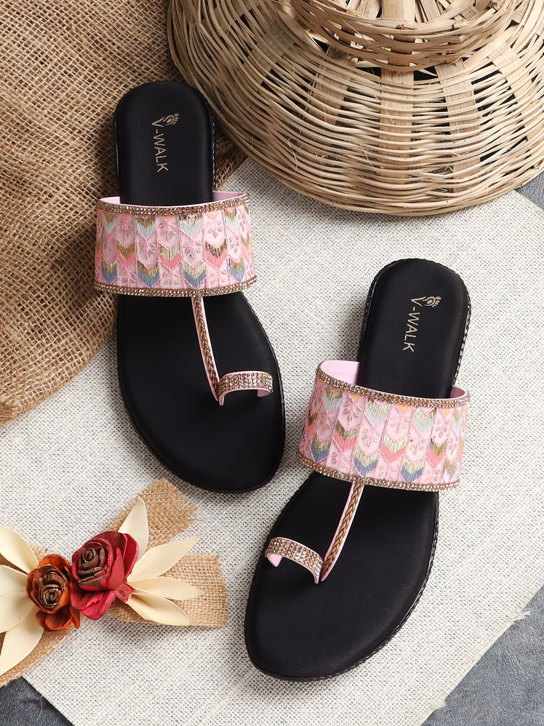 V-WALK Women Western Embellished Slip-On One Toe Flats