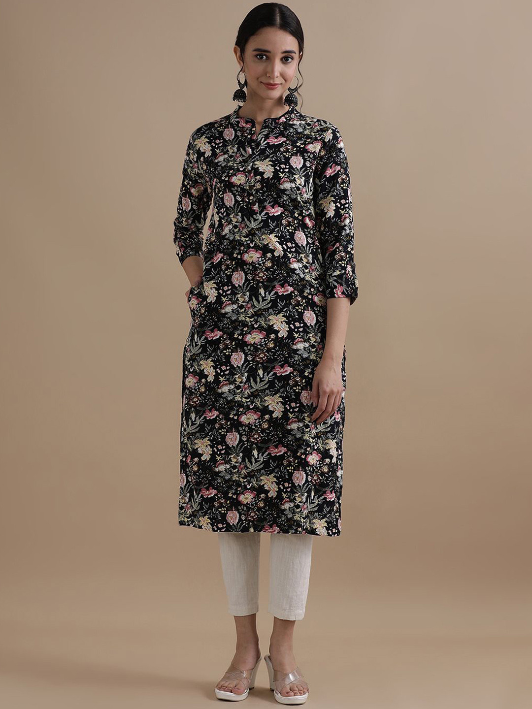 Jaipur Kurti Navy Blue and Pink Mandarin Collar Floral Printed Straight Kurta