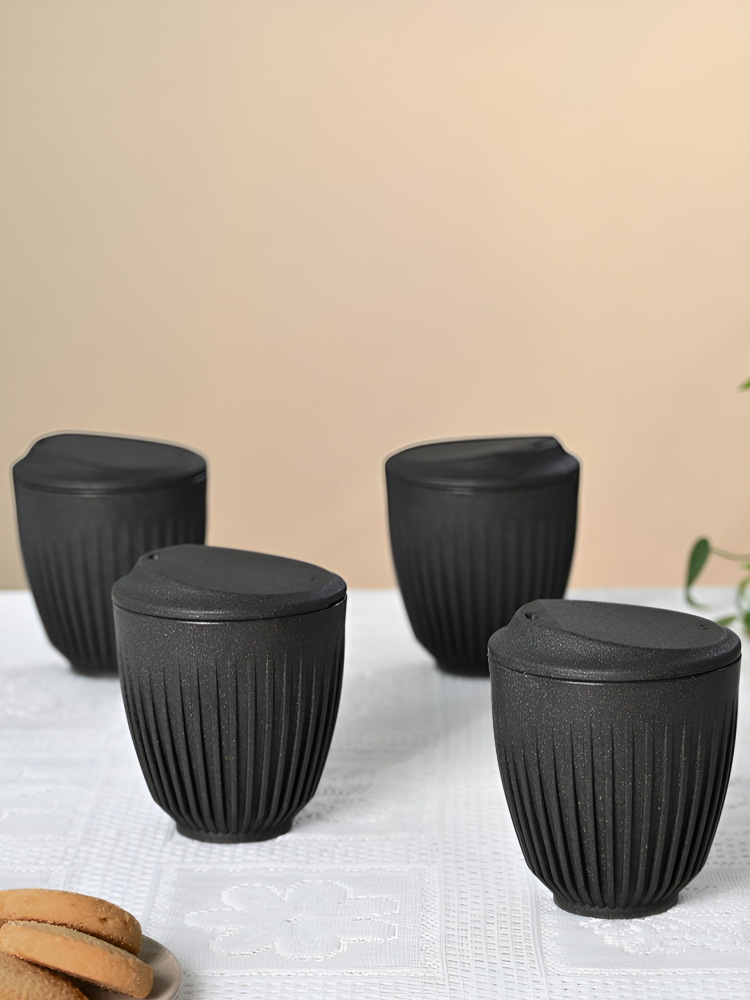 eha Grey Plastic Dishwasher Safe 4 Piece Cups with Lid-250ml