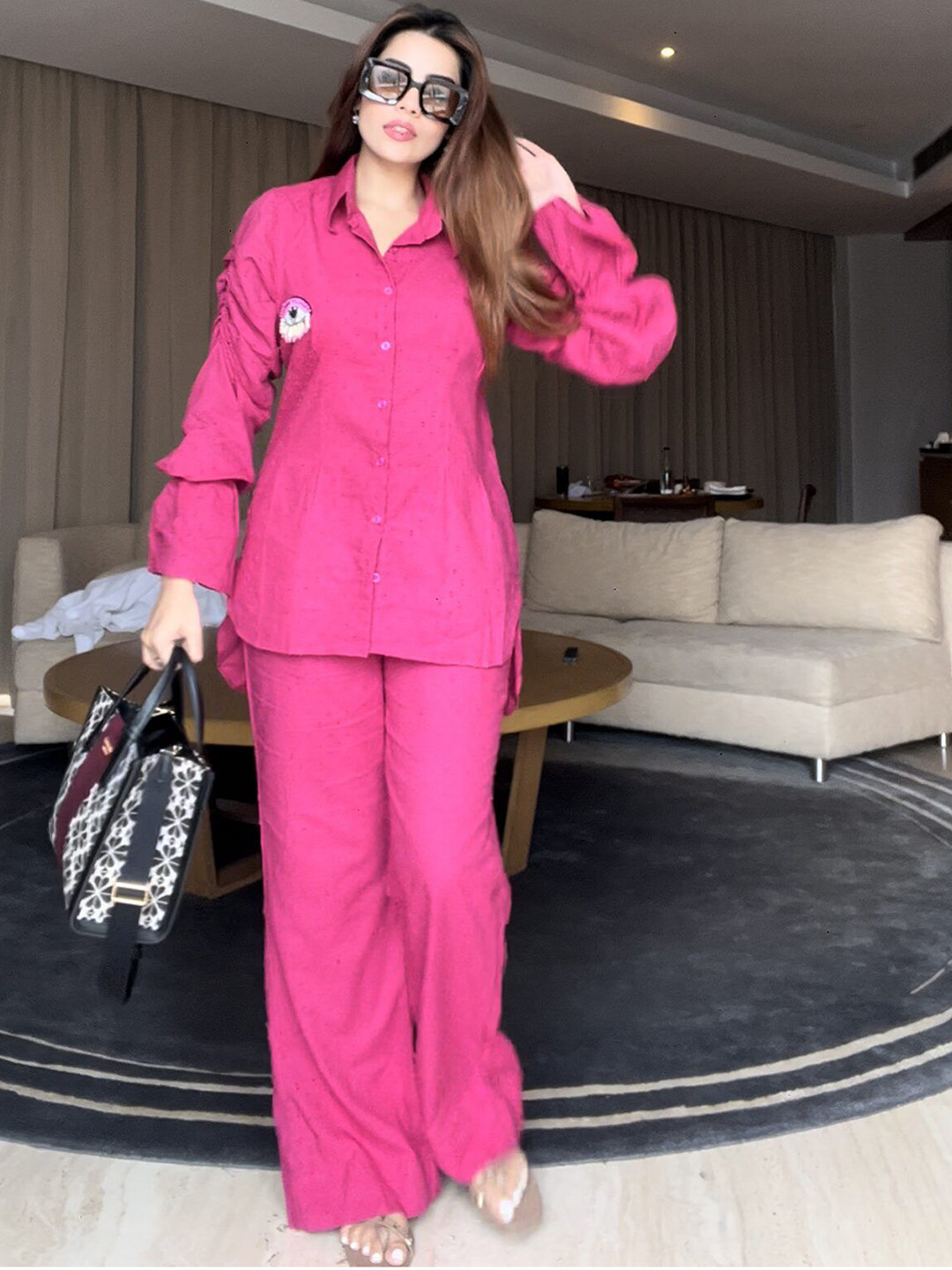 LABEL ADITI HUNDIA Self Design Shirt Collar Long Sleeves Pure Cotton Shirt With Trouser