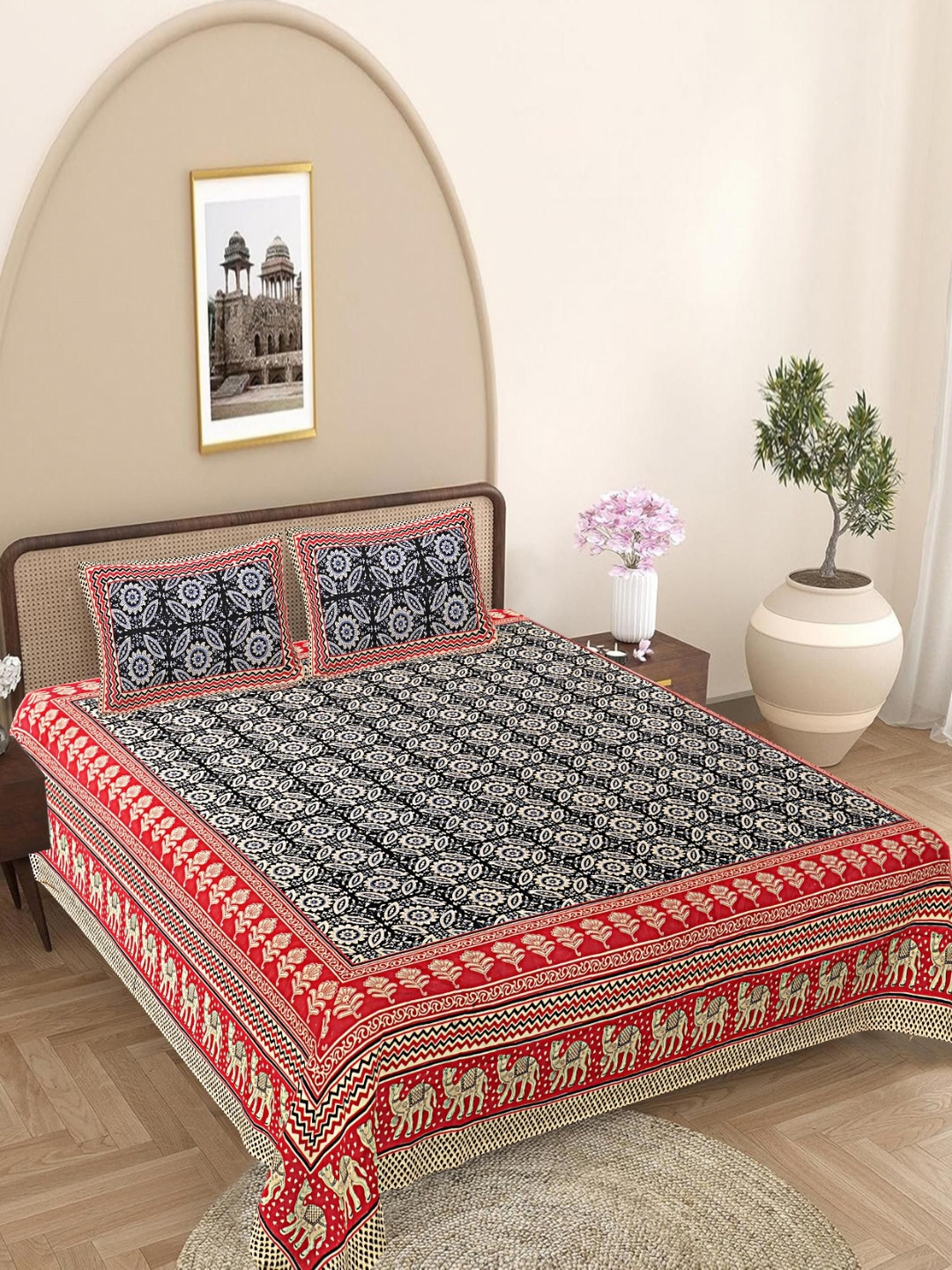 FrionKandy Living Black Ethnic Motifs Cotton Breathable 180 TC King Fine Bedsheet with 2 Pillow Covers-108 x 106 inches