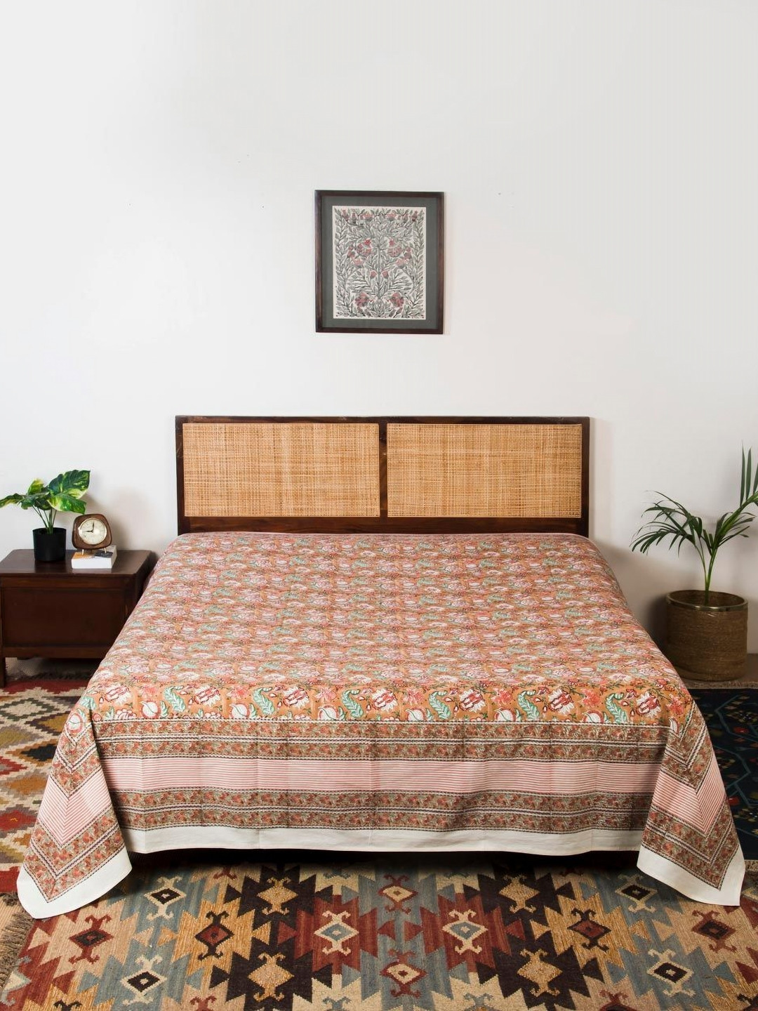 Fabindia Pink & Mustard Hand Block Printed Single Bed Cover