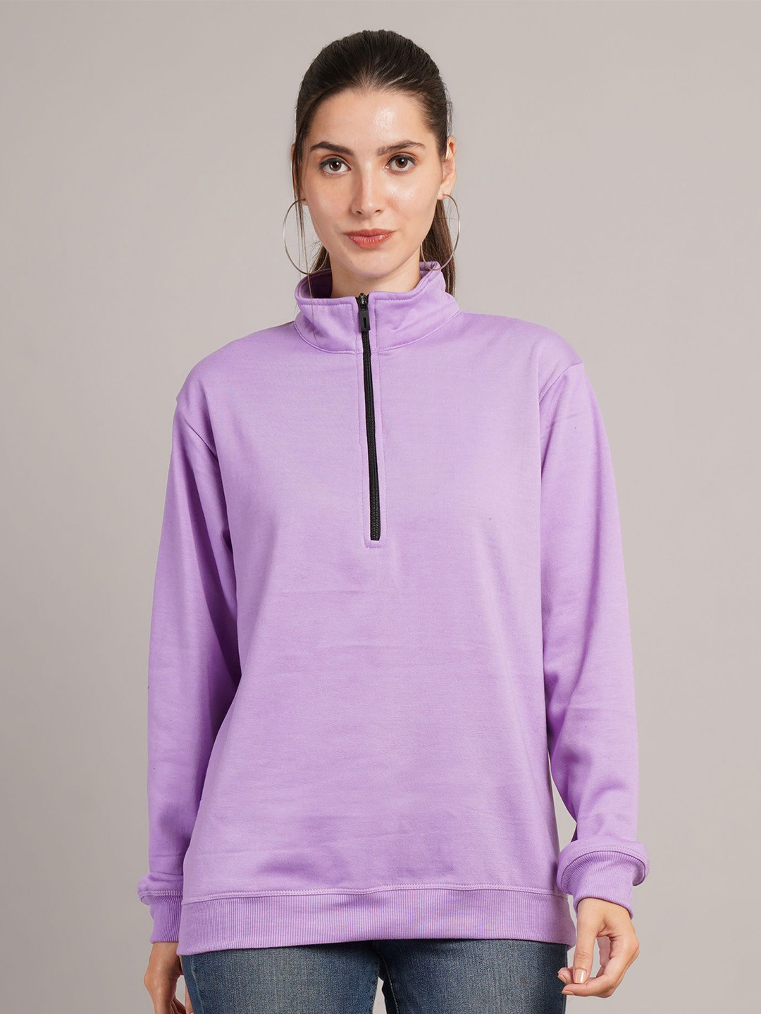 Lavender Mock Collar Long Sleeves Half Zipper Sweatshirt