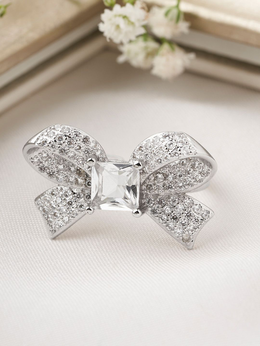 JOKER & WITCH Silver-Plated Stone-Studded Madeleine Bow Style Adjustable Finger Ring
