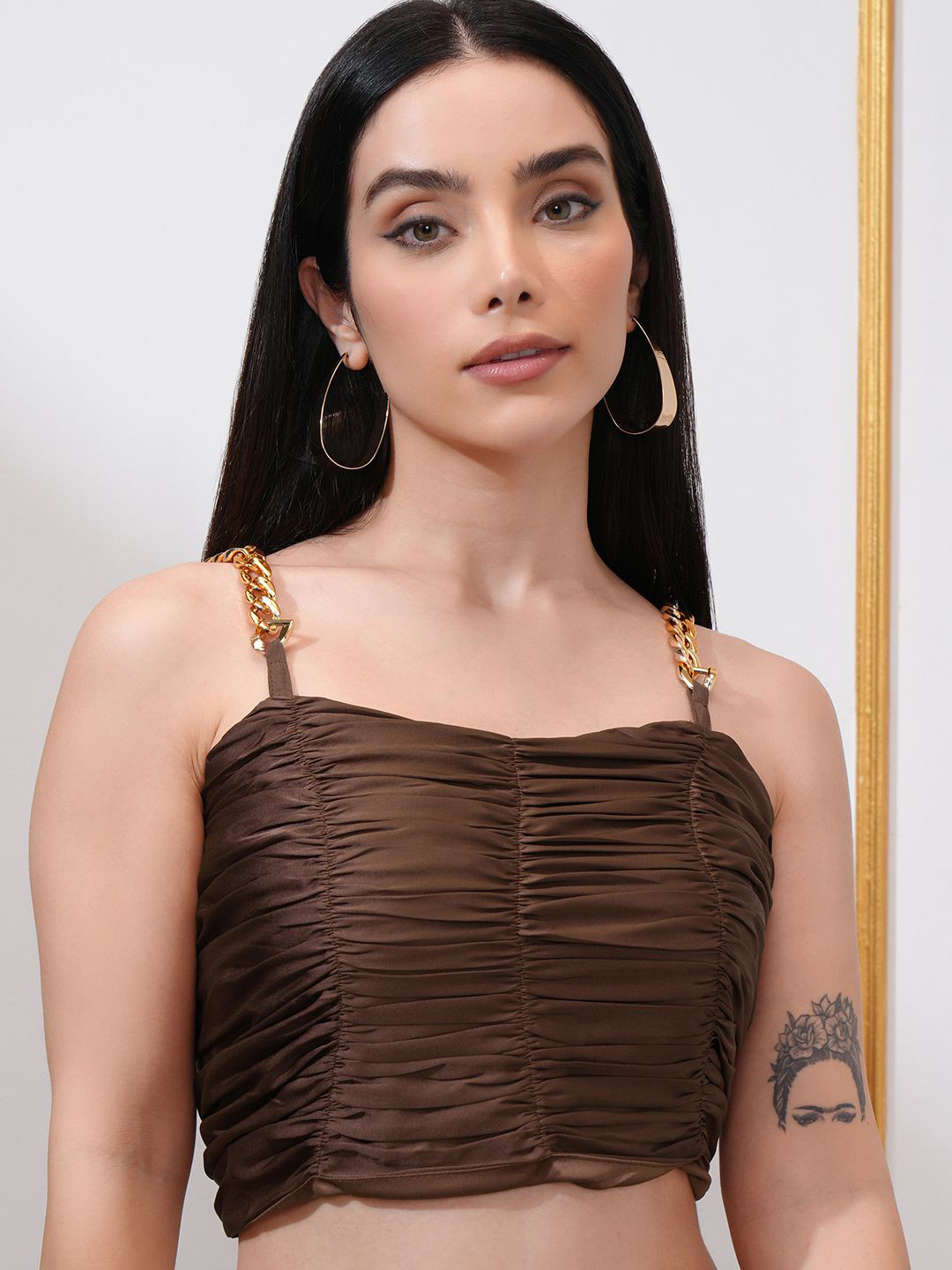 Tokyo Talkies Women Satin Ruched Tank Crop Top  With Chain Straps