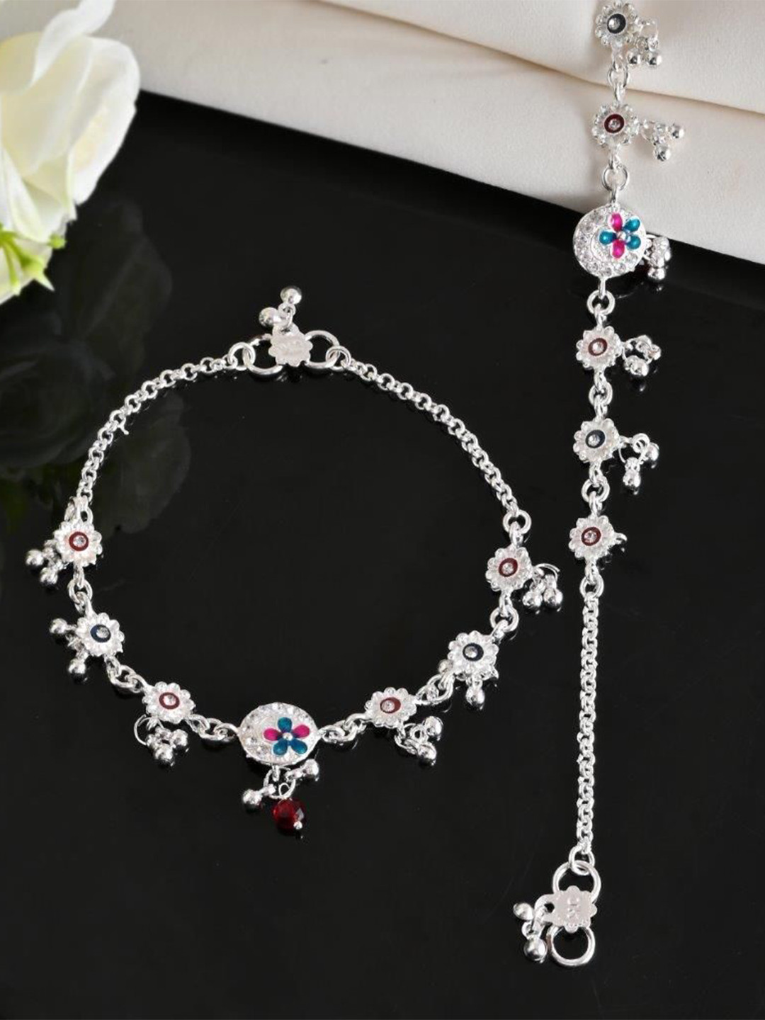 VOJ Set Of 2 Silver-Plated Traditional Circular Shaped Artificial Stones Studded Anklets
