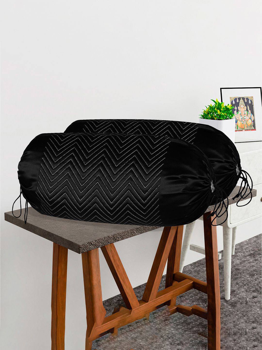 Kuber Industries Black & Silver Toned 6 Pieces Zig-Zag Woven Design Bolster Covers