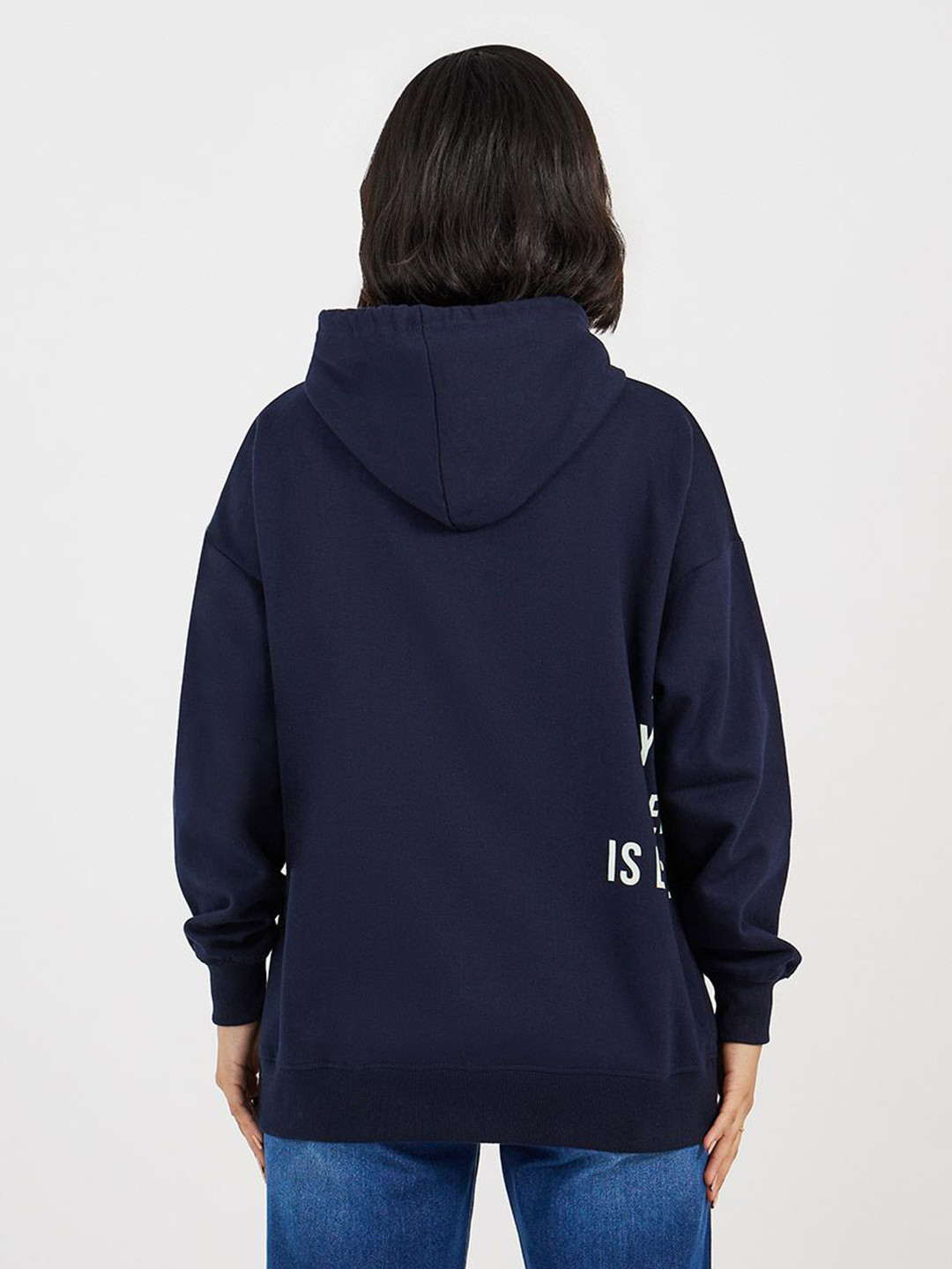 Styli Women Oversized Fit Longline Side Slogan Printed Hoodie with Kangaroo Pocket