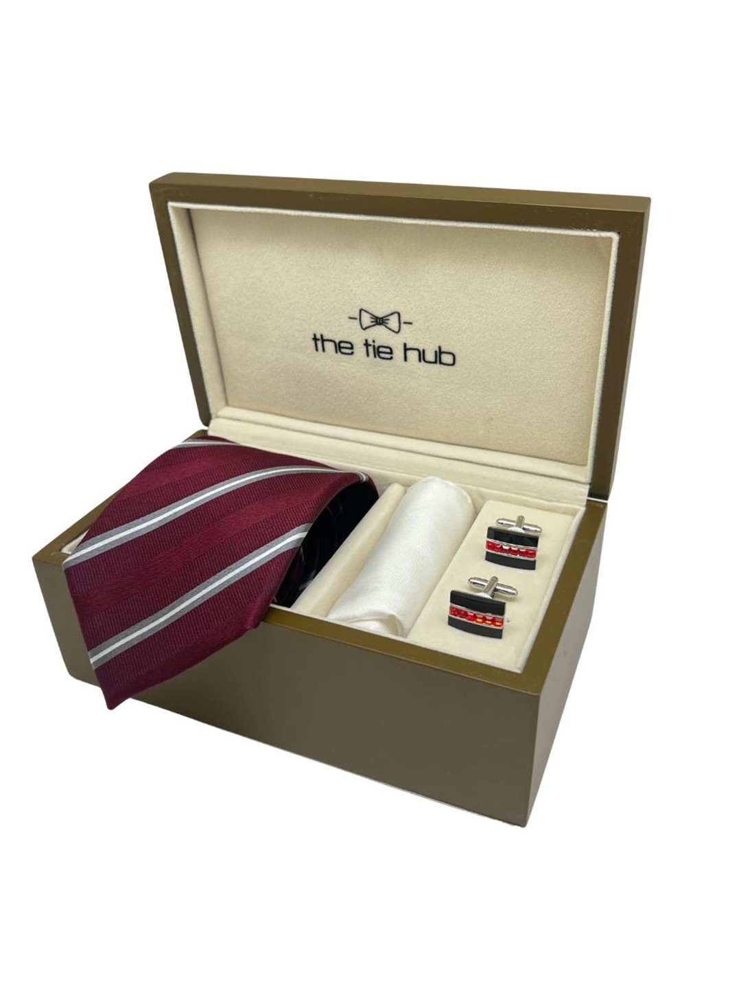 The Tie Hub Men Silk Necktie, Brass Cufflinks & Silk Pocket Square Accessory Gift Set