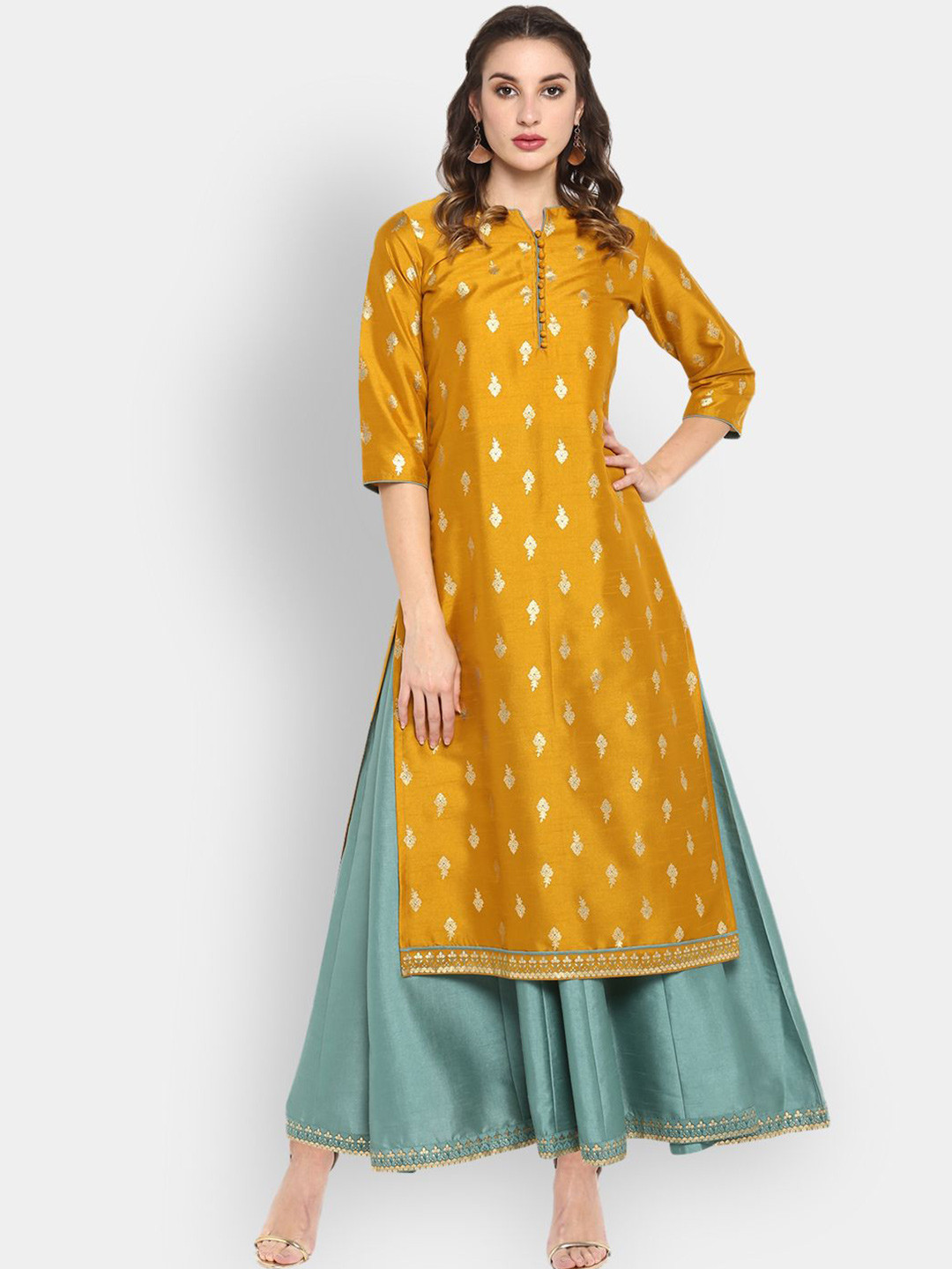 KALINI Women's Silk Blend Gold Print Anarkali Ethnic Dress