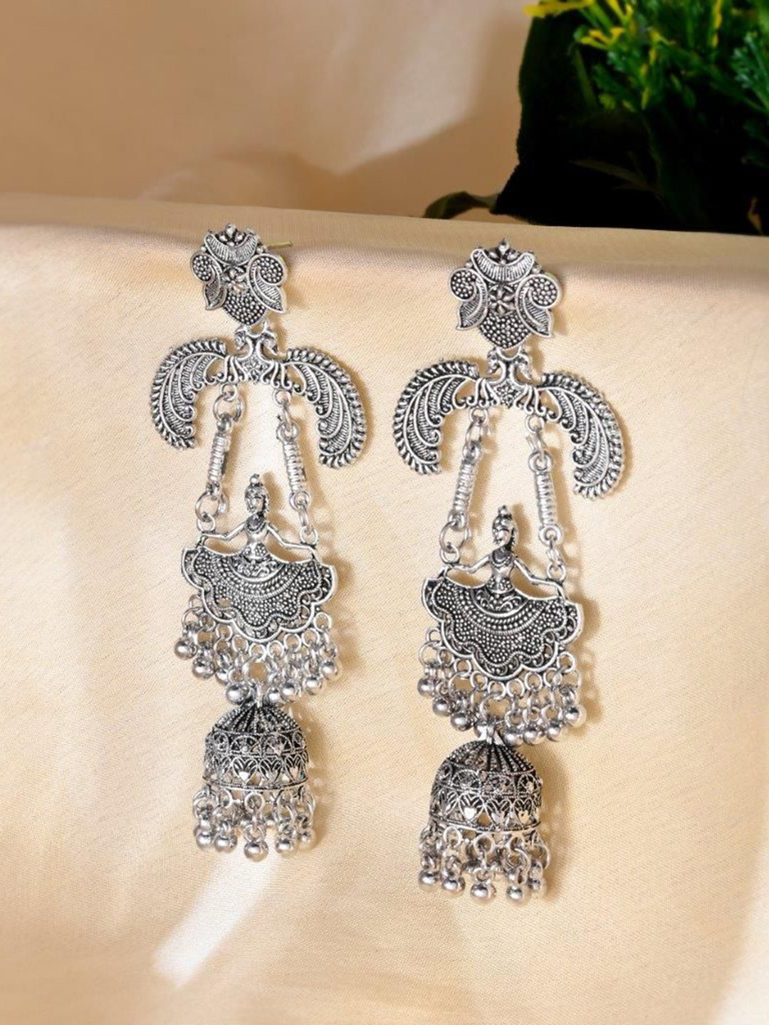 VOJ Silver-Plated Stainless Steel Classic Oxidised Circular Dancing Drop Earrings