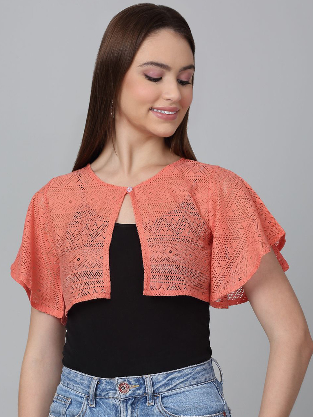 Dressitude Self-Designed Flared Sleeves Button Closure Cotton Lace Short Shrug