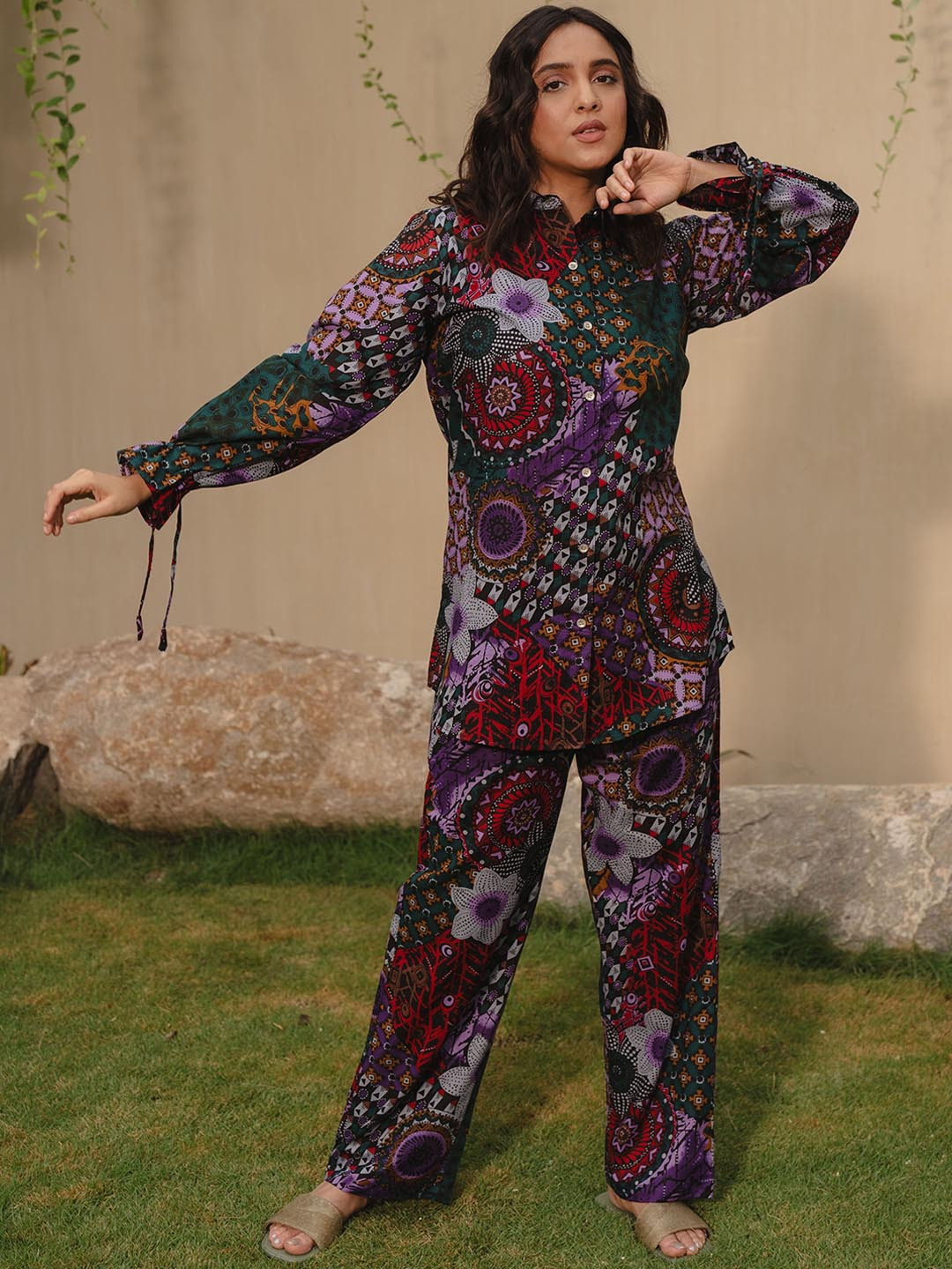 Zeyo Printed Shirt Collar Long Sleeves Shirt With Trouser
