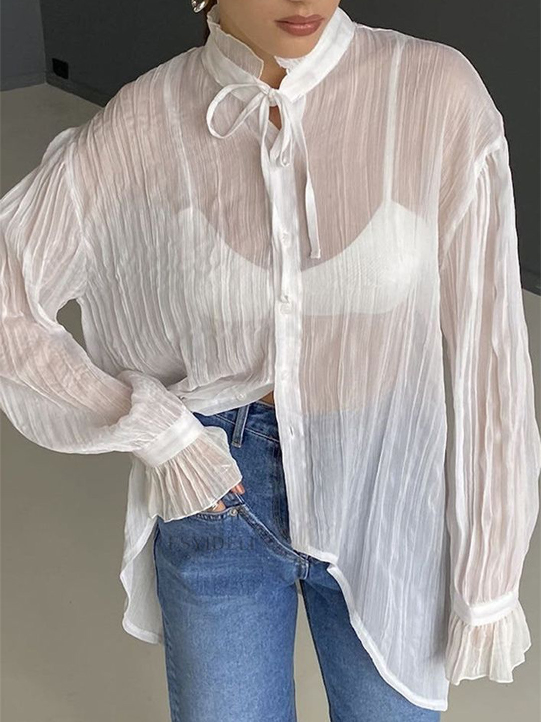 LULU & SKY Women Tie-Up Neck Long Sleeves Textured Semi-sheer Shirt Style Top