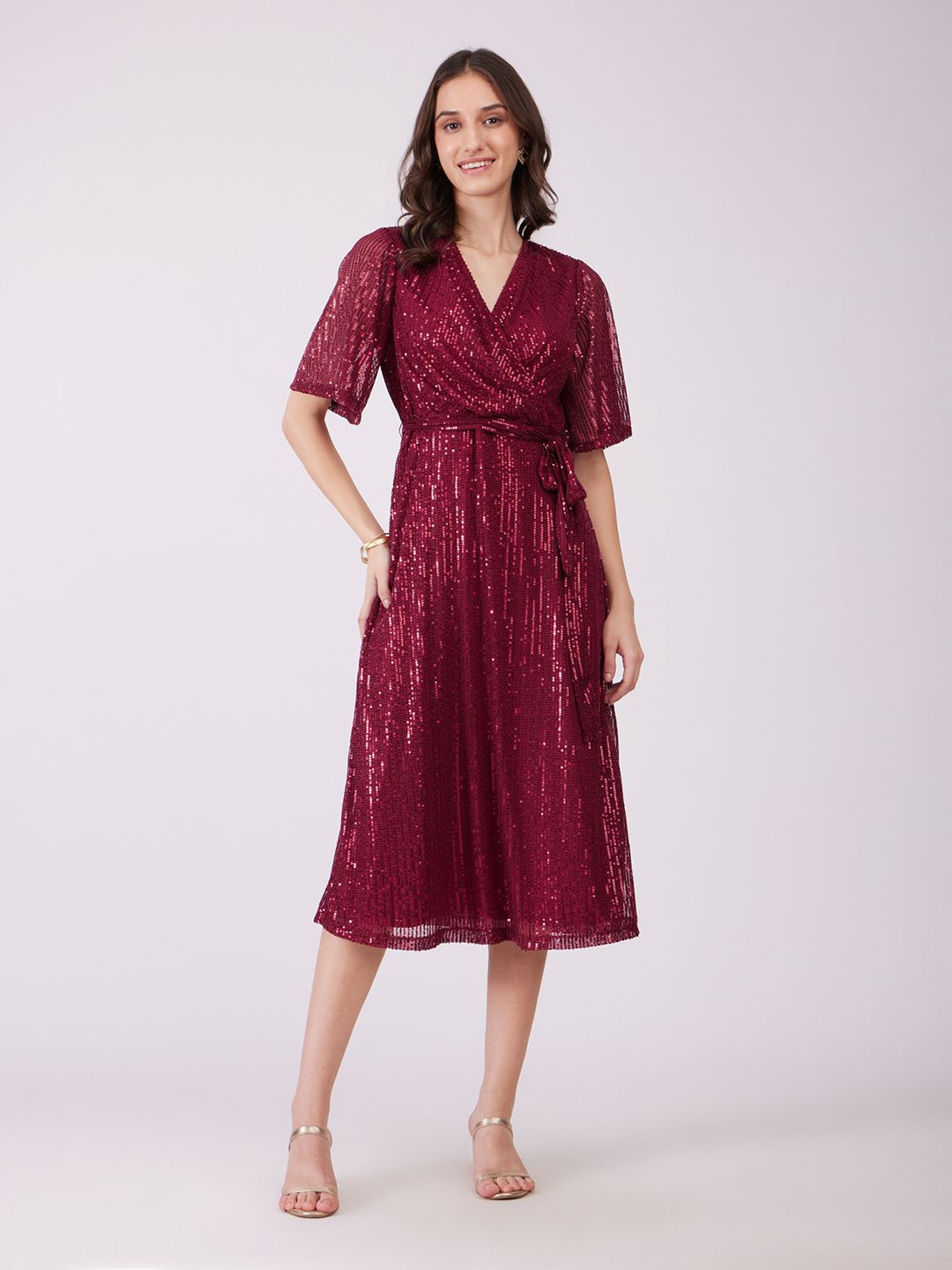 FableStreet Women Net Embellished Sequin Wrap  Fit & Flare Midi Dress