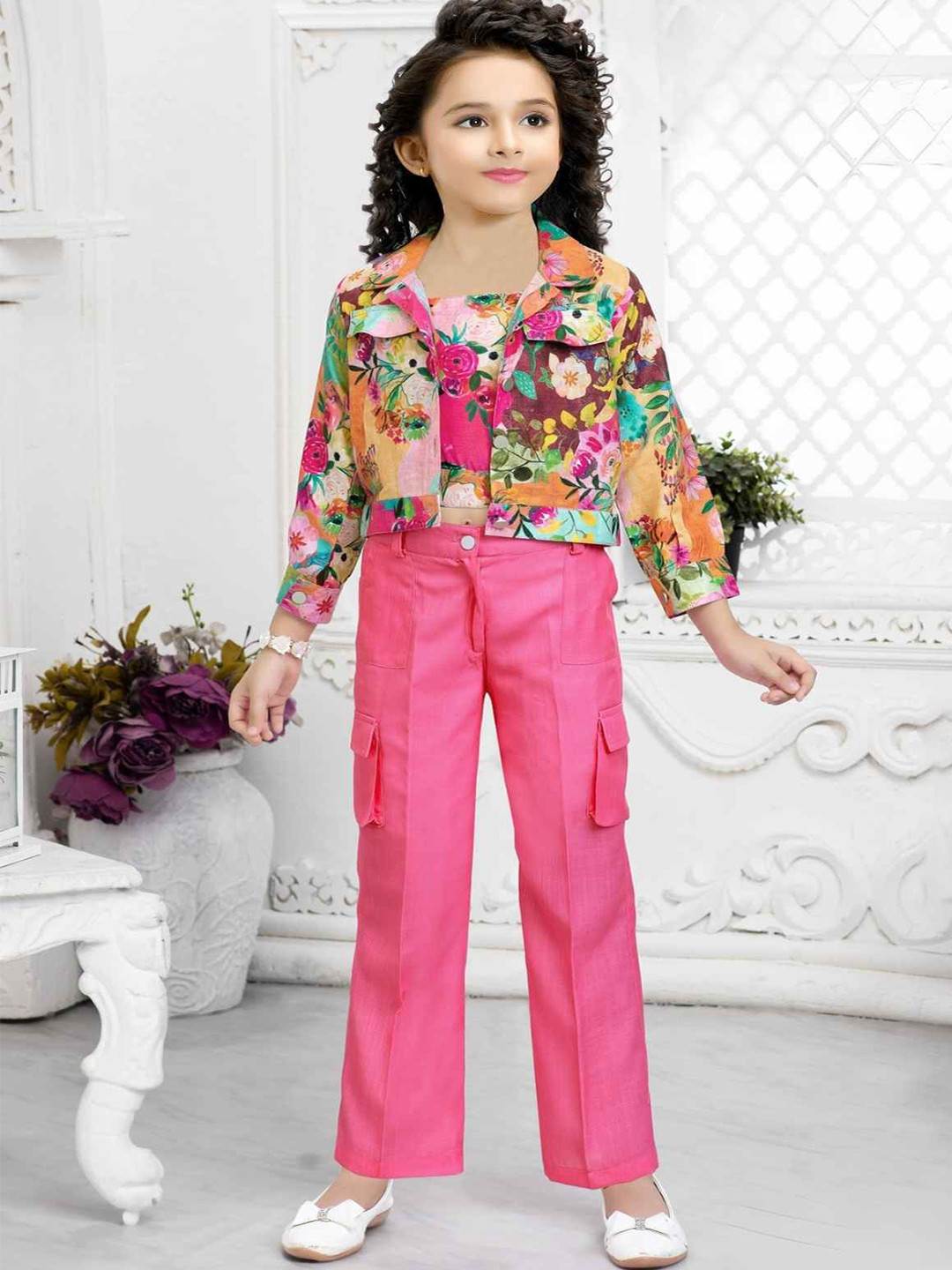 Lagorii Girls Printed Top with Trousers & Overcoat