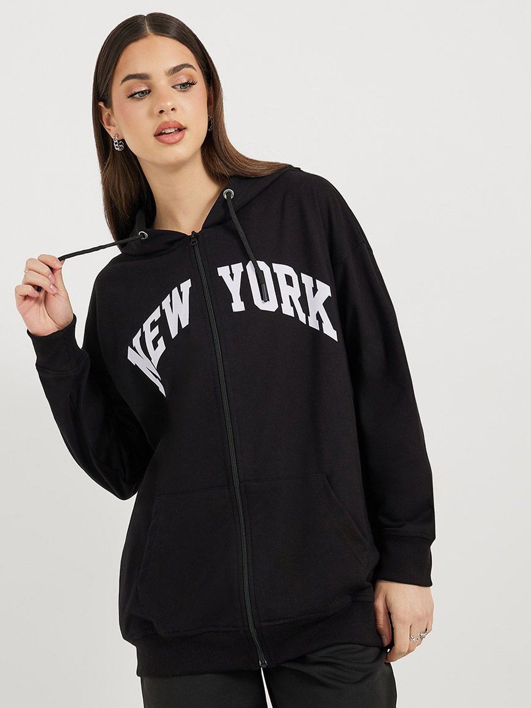 Styli Women Oversized Fit Long Zip Through Slogan Hoodie