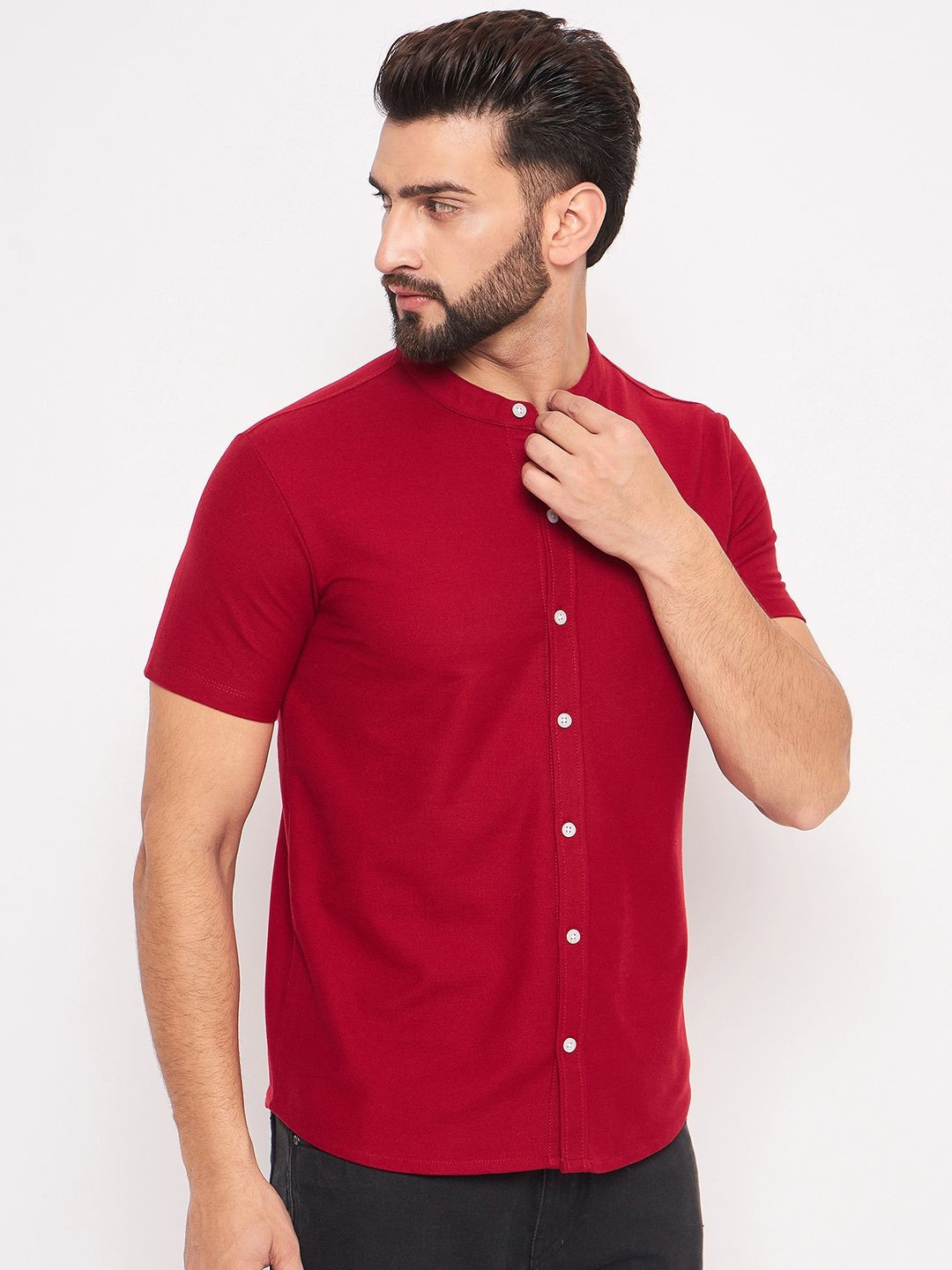 GET GOLF Men Band Collar Solid Cotton Casual Shirt